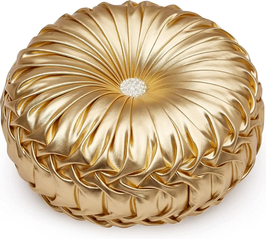 Round Leather Throw Pillow With Handmade Pleated Design For Home Decor