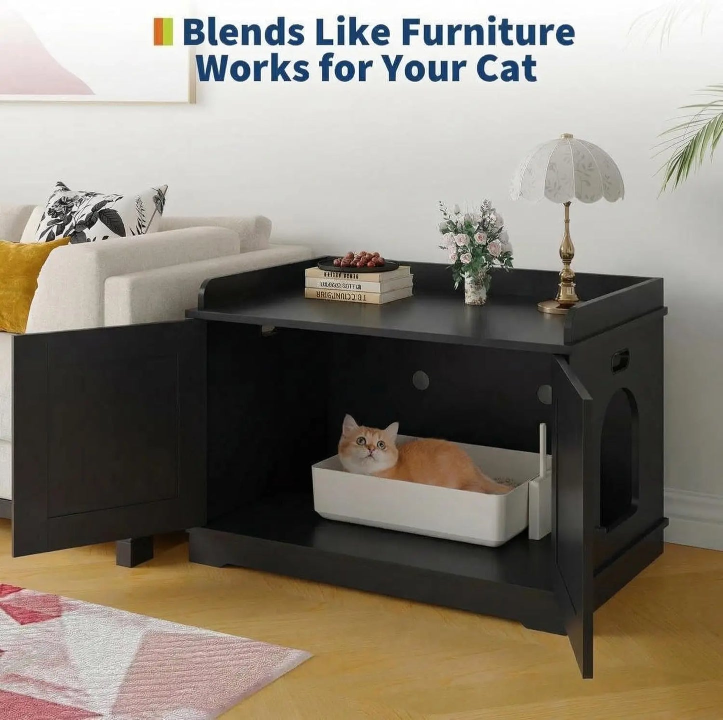 Cat Litter Box Enclosure, Hidden Litter Box Cabinet Furniture, Wooden Cat Washroom Furniture with Cosy Perch, pets House