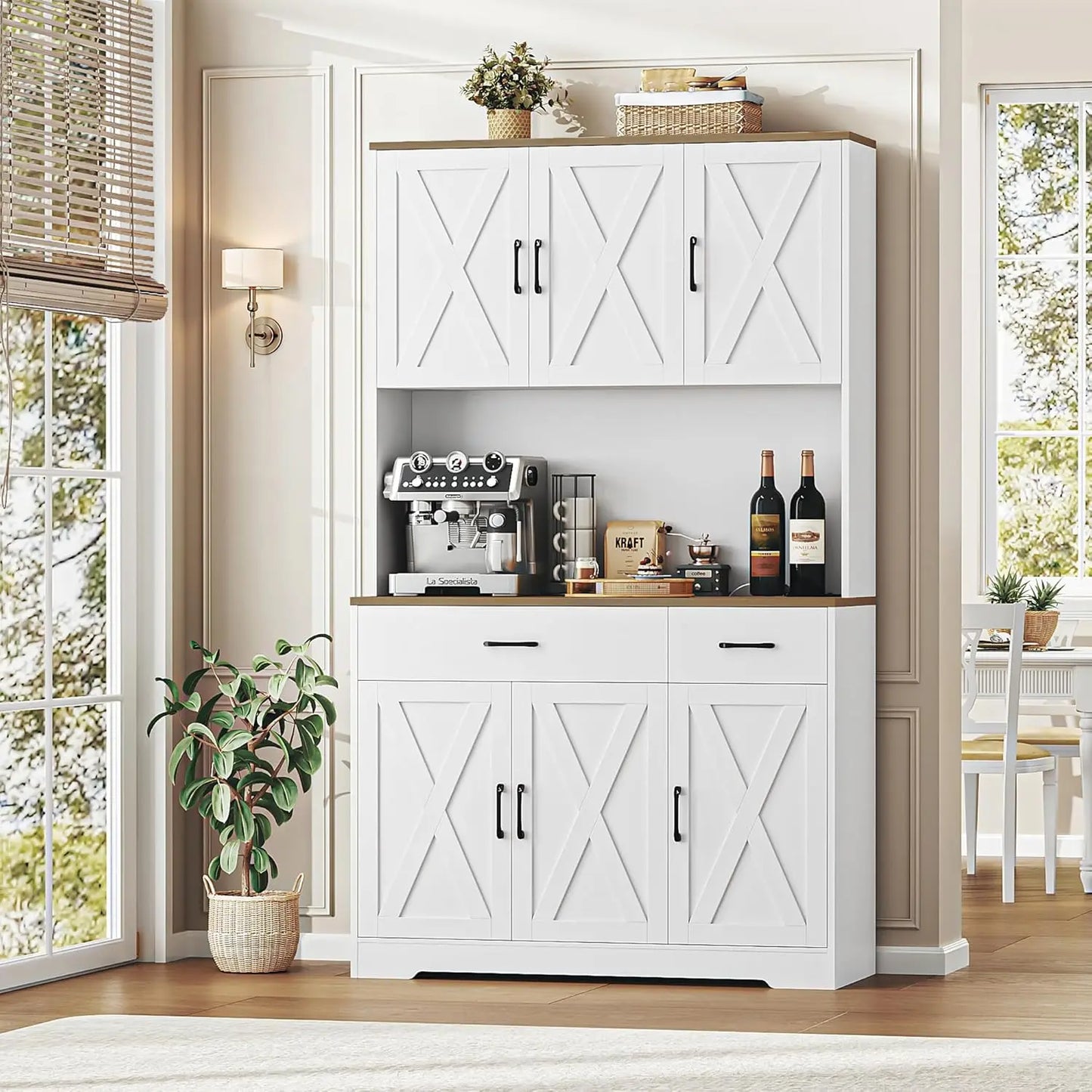Chengwei Farmhouse Pantry Cabinet With Charging Station And Microwave Stand