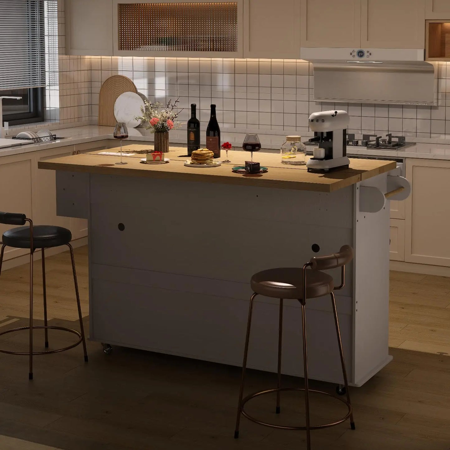 ONBRILL Mobile Kitchen Island with Power Outlet and Drop Leaf