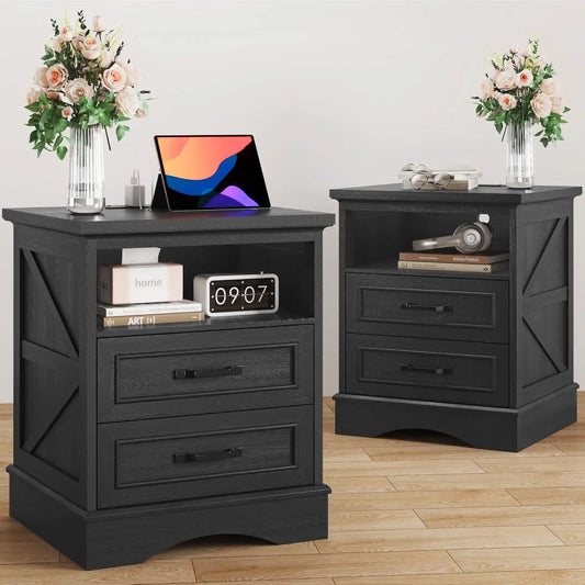 MOYU Farmhouse Nightstands With USB Charging Station Set Of 2