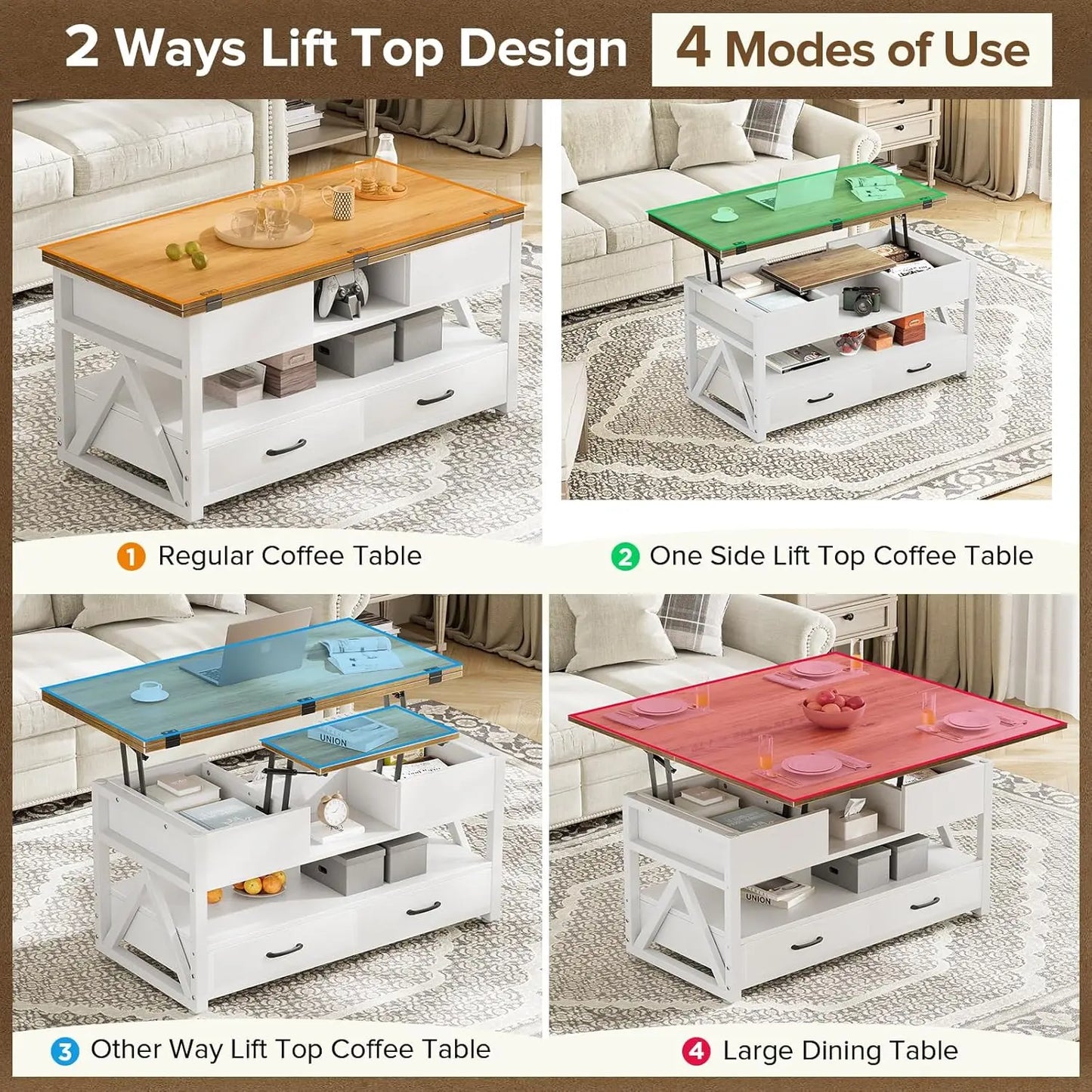 40" Lift Top Coffee Table,4 in 1 Multi-Function Lift Coffee Tables with Storage Drawers and Hidden Compartmen,Farmhouse, Custom