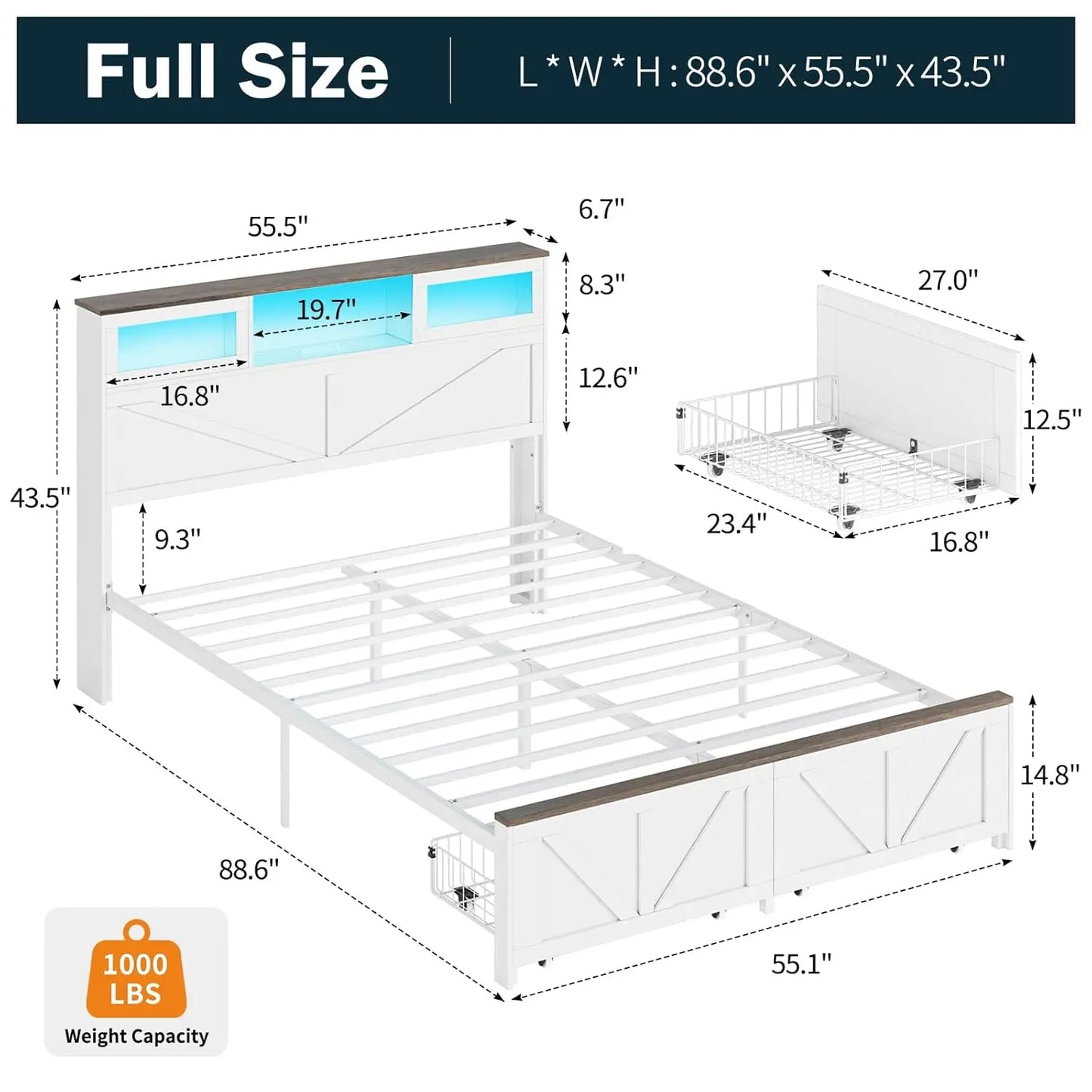 Full Size Bed Frame with Headboard, Full Bed Frame with Charging Station, LED Beds with 2 Storage Drawers, Wood Farmhouse Bedfra