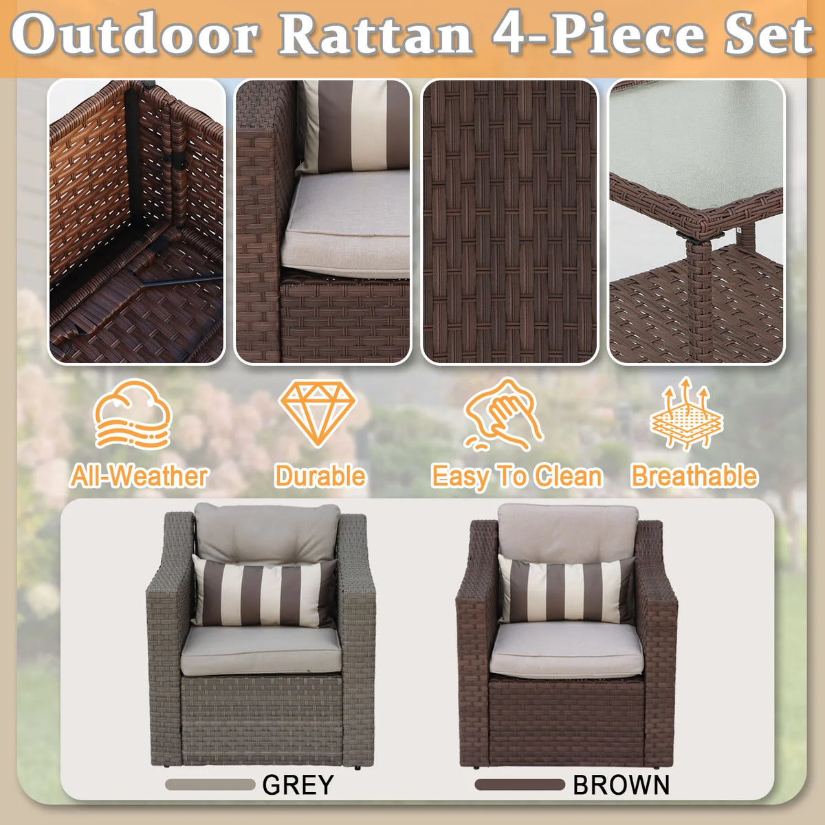 6-Piece Outdoor Patio Furniture Set, Brown PE Rattan Wicker Sectional Conversation Sofa with Cushions & Glass Coffee Table, Weather Resistant Modular Patio Furniture Set for Backyard Porch Garden – Outdoor Furniture, Patio