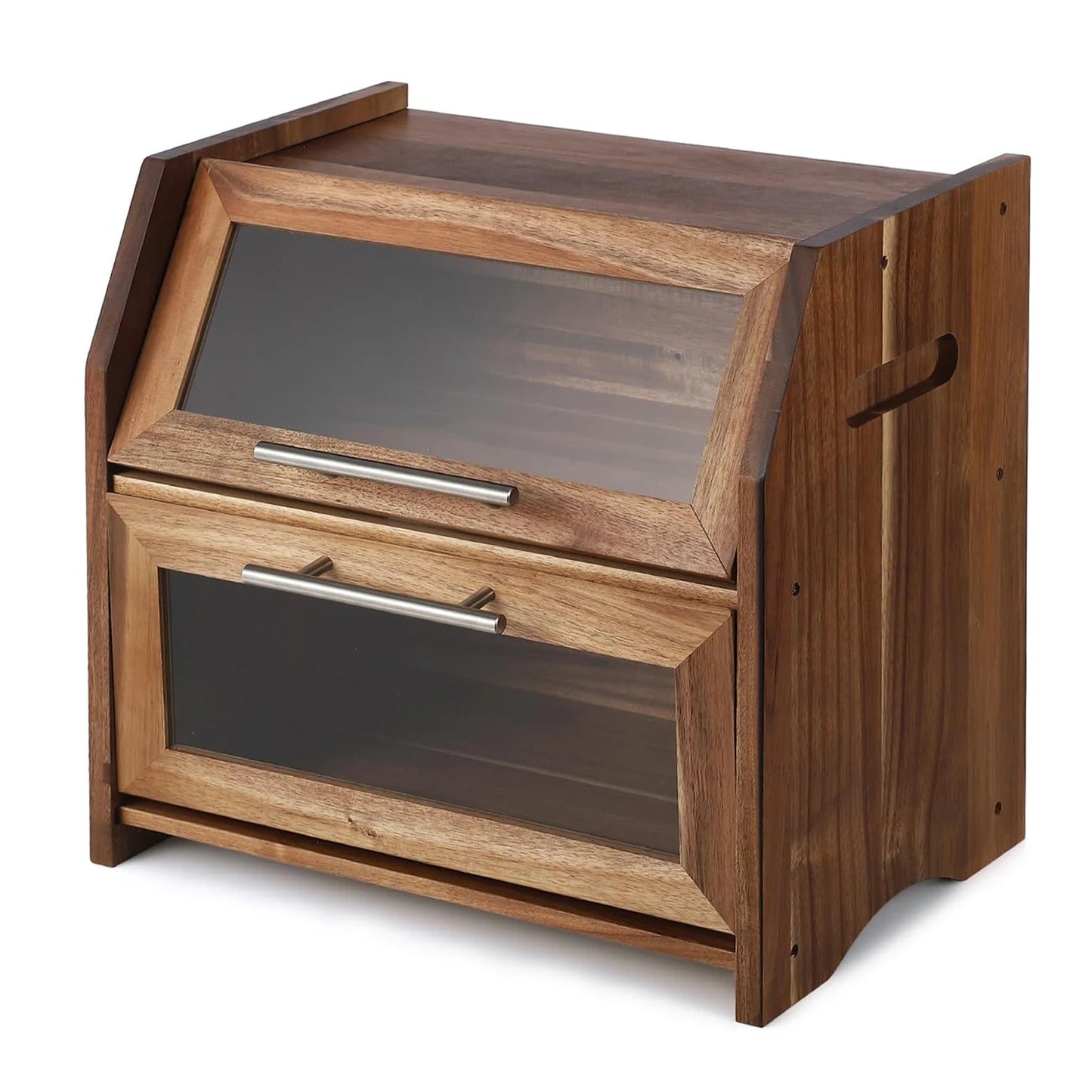 2 Layer Bread Box with Clear Windows, Wooden Bread Storage Container, Kitchen Countertop Bread Holder for Bread,Bagels and Rolls
