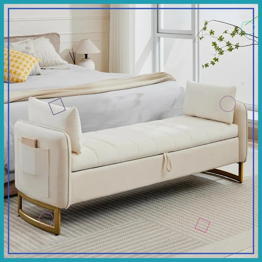 Velvet Storage Bench With Armrests And Gold Legs Pockets