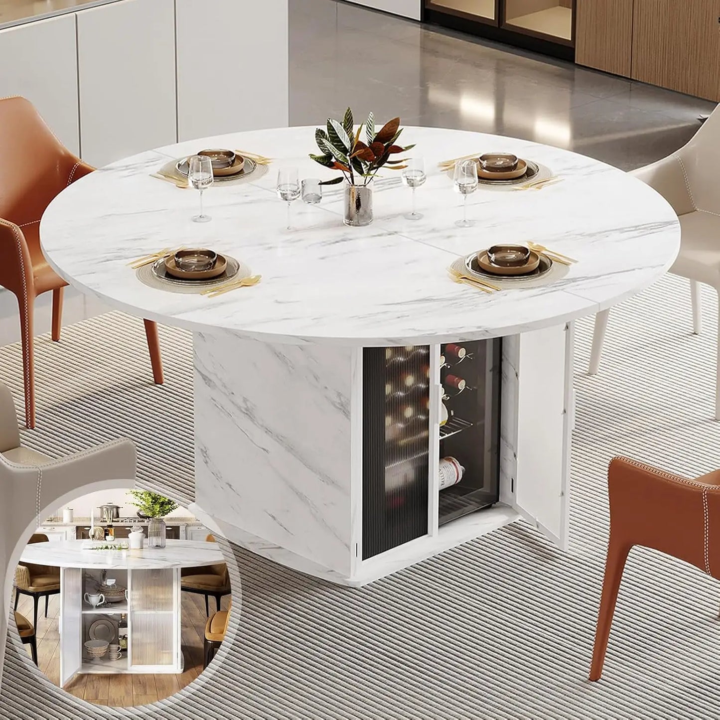 MOYU Round Dining Table With Storage Modern Wood Kitchen Table