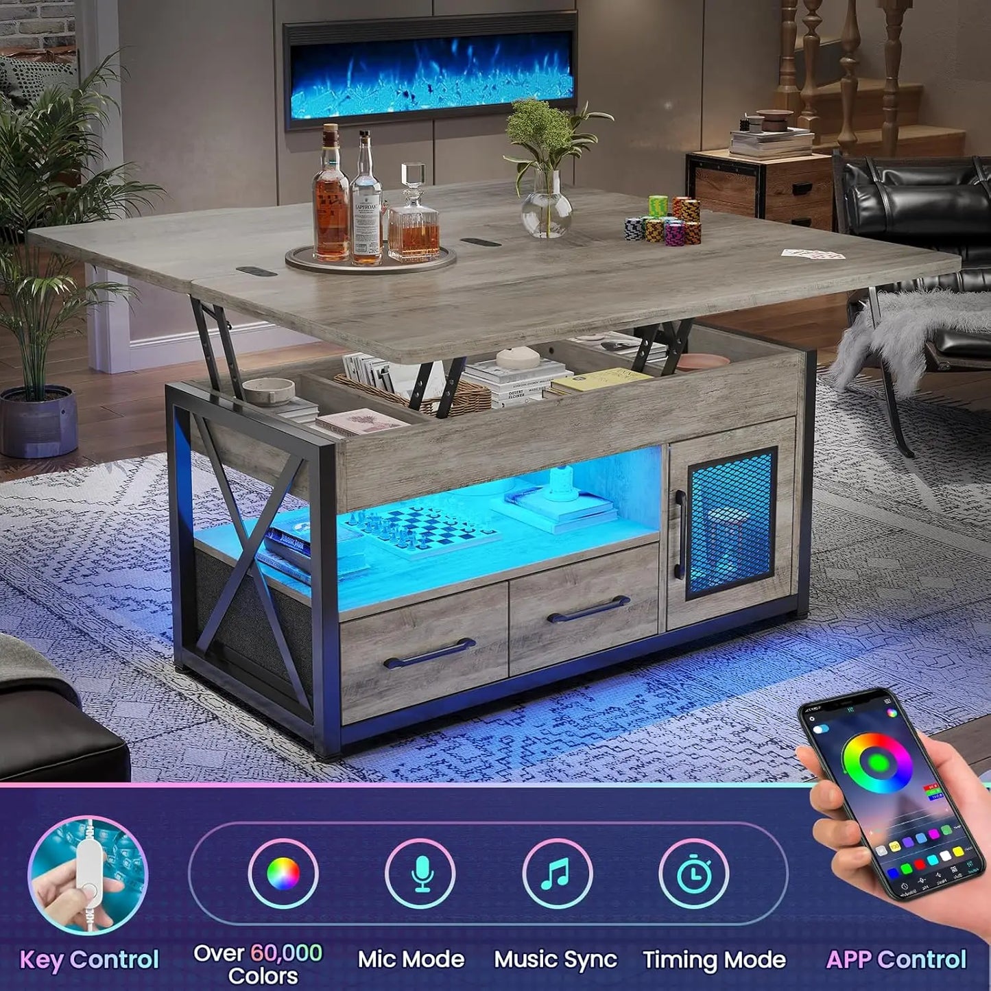 Lift Top Coffee Table Storage Cabinet 4 in 1 with 2 Fabric Drawers LED Light Living Room Dining Room 40Custom