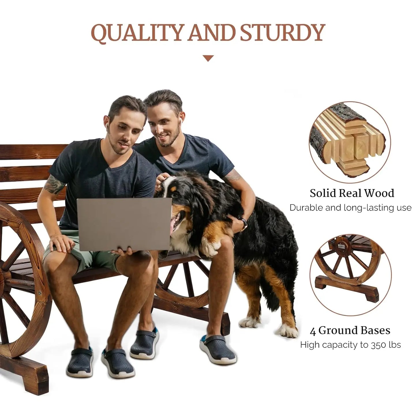 Rustic Firwood Outdoor Bench 2 Person Wagon Wheel Slatted Seat