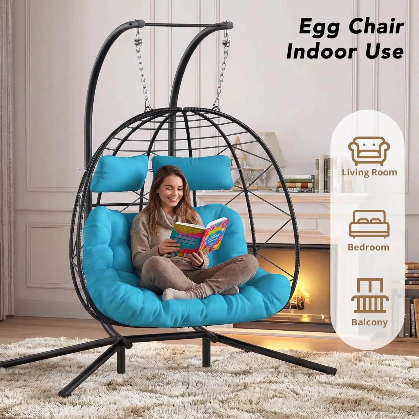 Set of 2 Wicker Hanging Egg Chairs with Stand, 700 lb Capacity, Indoor/Outdoor Double Egg Swing Hammock Chairs for, Custom