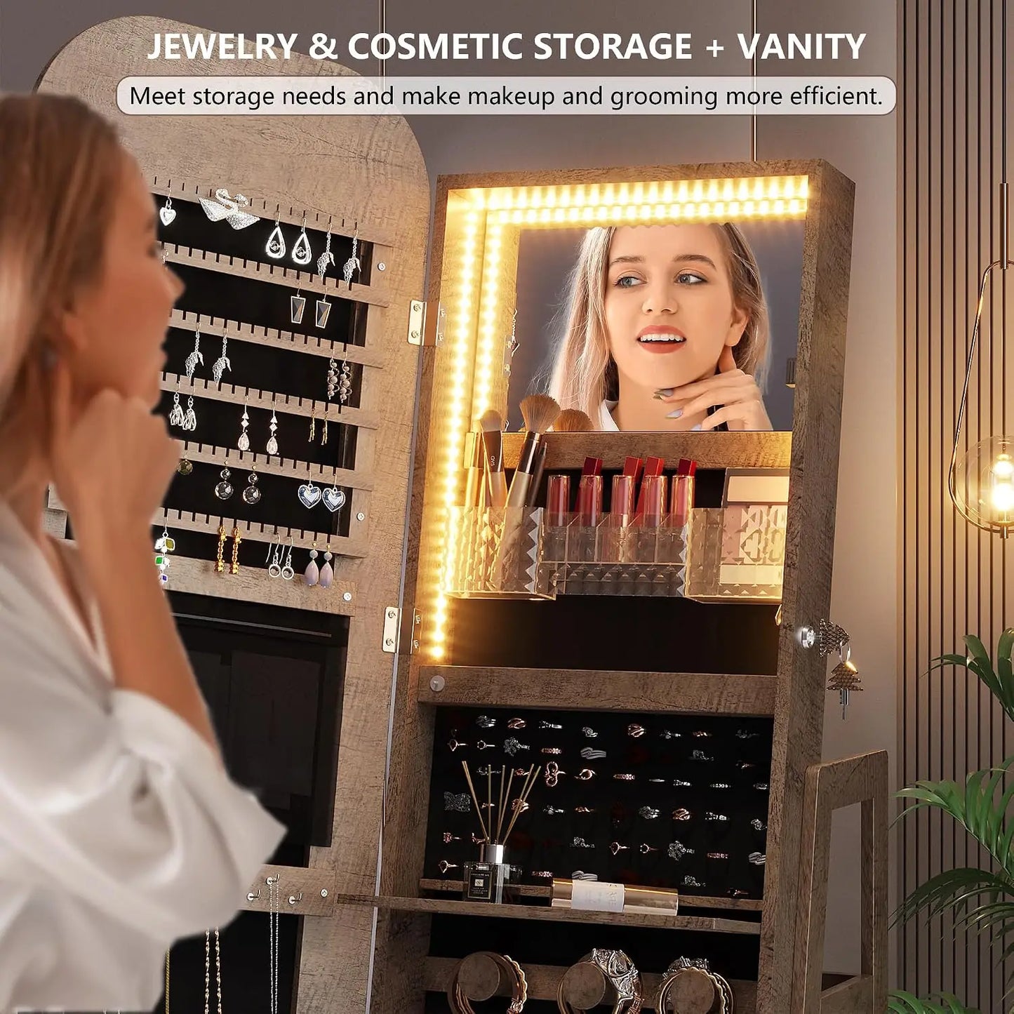 360°Swivel jewelry organizer with Full Length Mirror with Lights,Jewelry Armoires Cabinet Standing with Drawer,Large, Custom