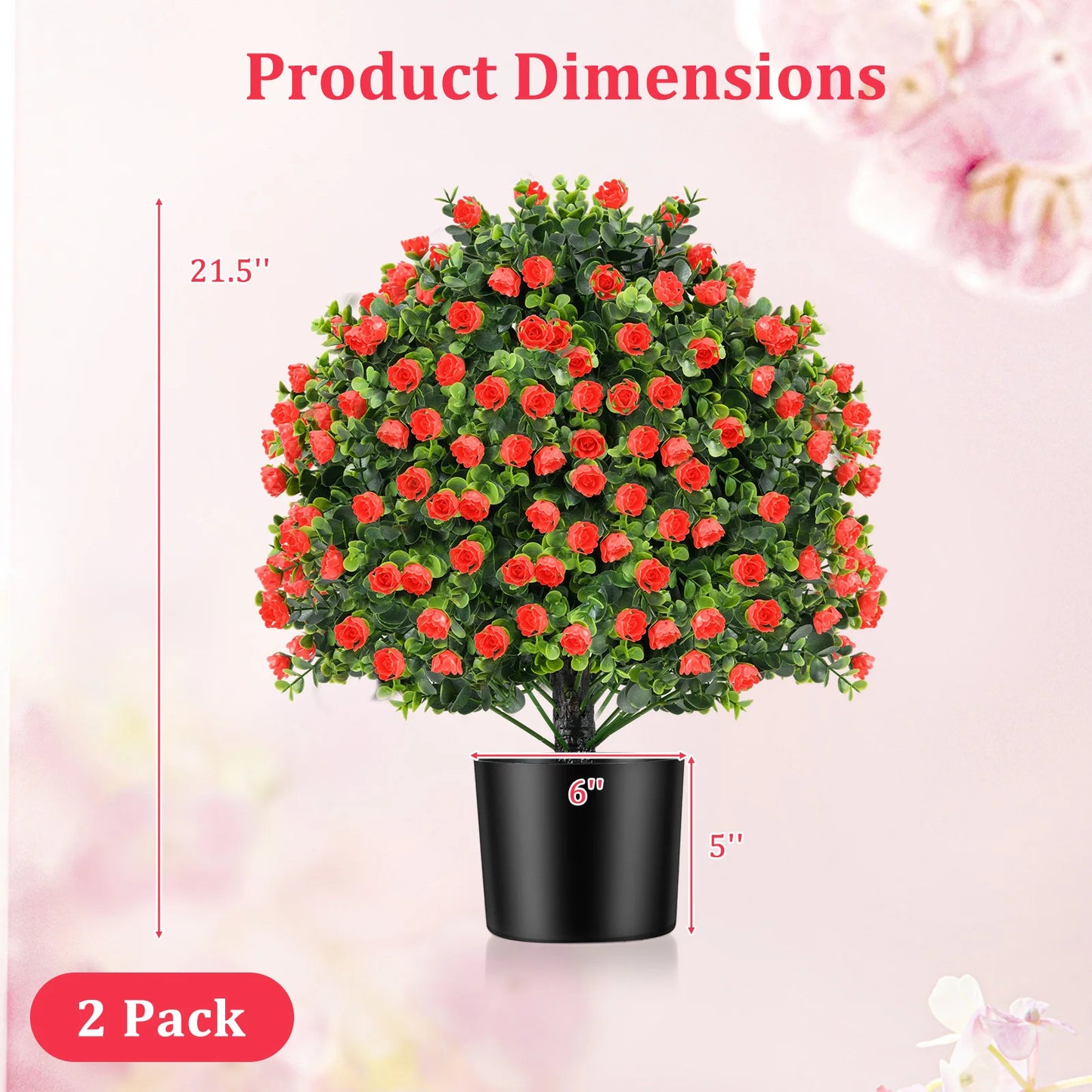 2 Pack Artificial Rose Topiary Ball Tree Faux Shrub Bushes w/ Flowers
