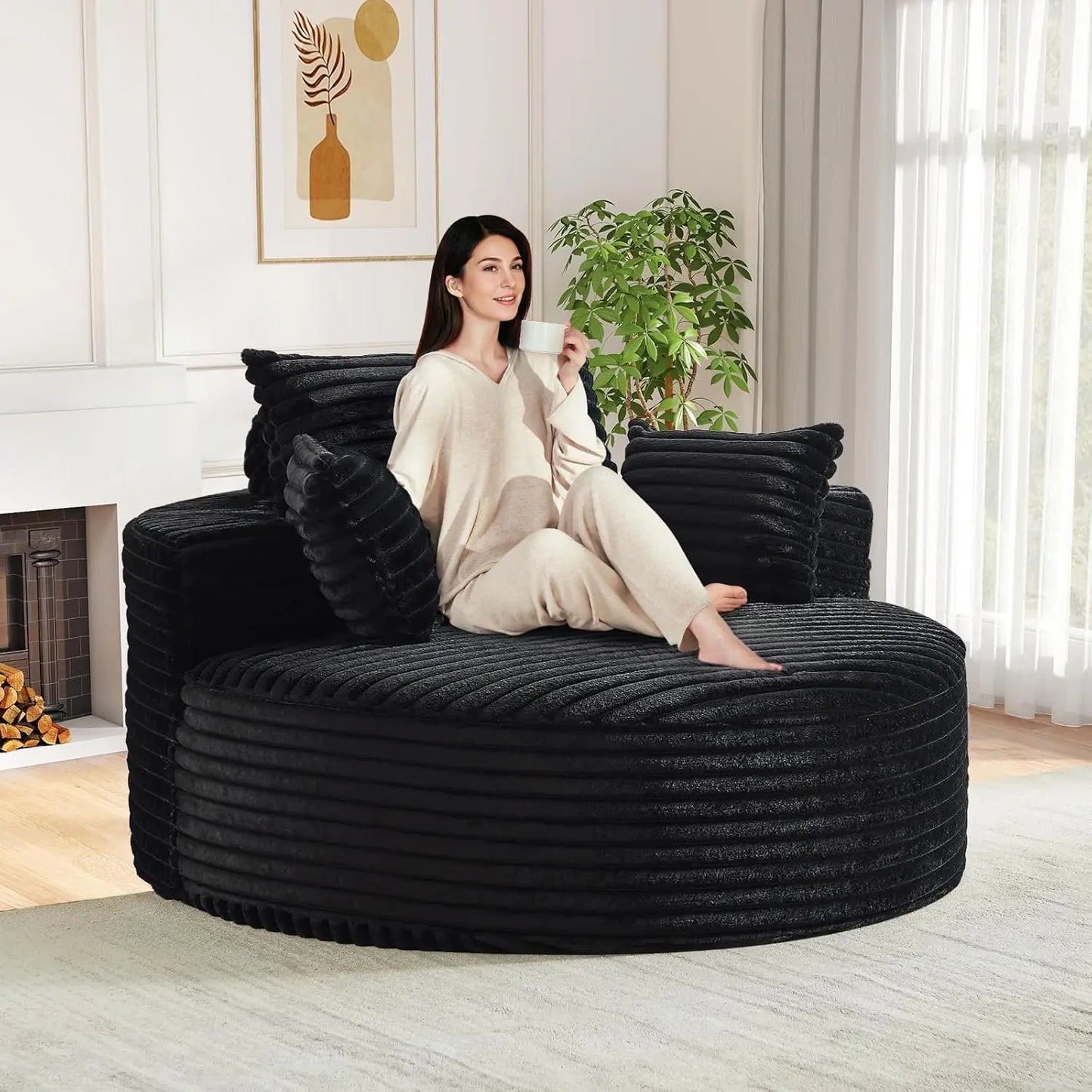 Oversized Round Chaise Longue Chair Indoor, Modern 55-inch Upholstered Corduroy Deep Seat Circle Single Cloud Lounge, Custom
