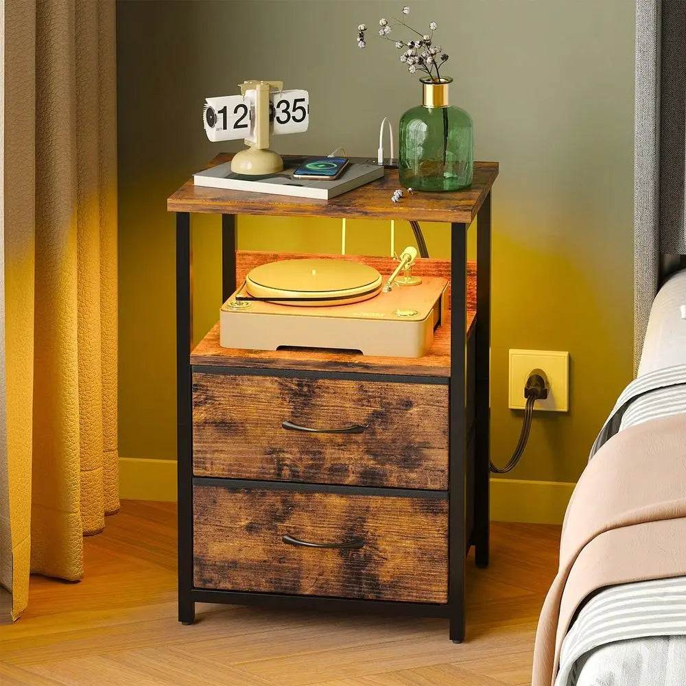 Tomnk 1/2pcs Night Stand With Charging Station, Nightstand With U-S-B Ports And Outlets, 2 Fabric Storage Drawers PU Fi