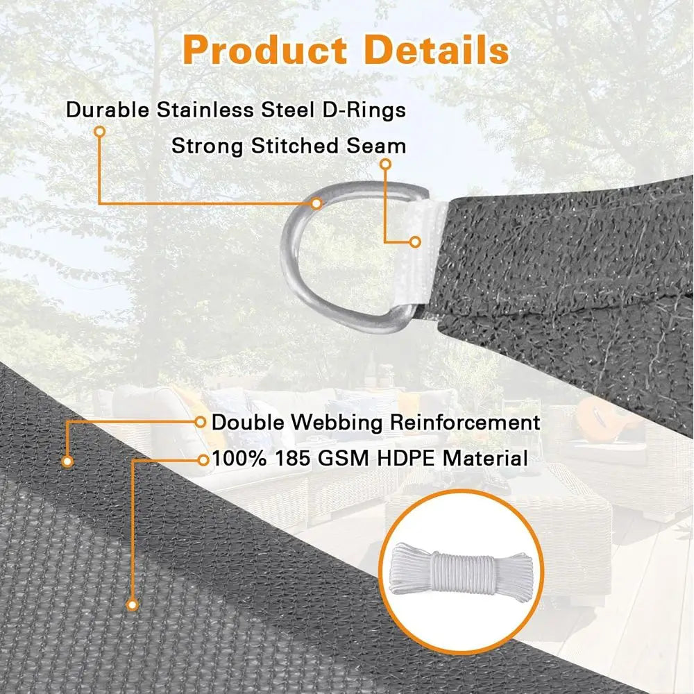 22'X22'X22' e Sun Shade Sail, 185GSM HDPE UV Block k Grey Awning Shade Cloth or Patio, Pool, Backyard (Custom