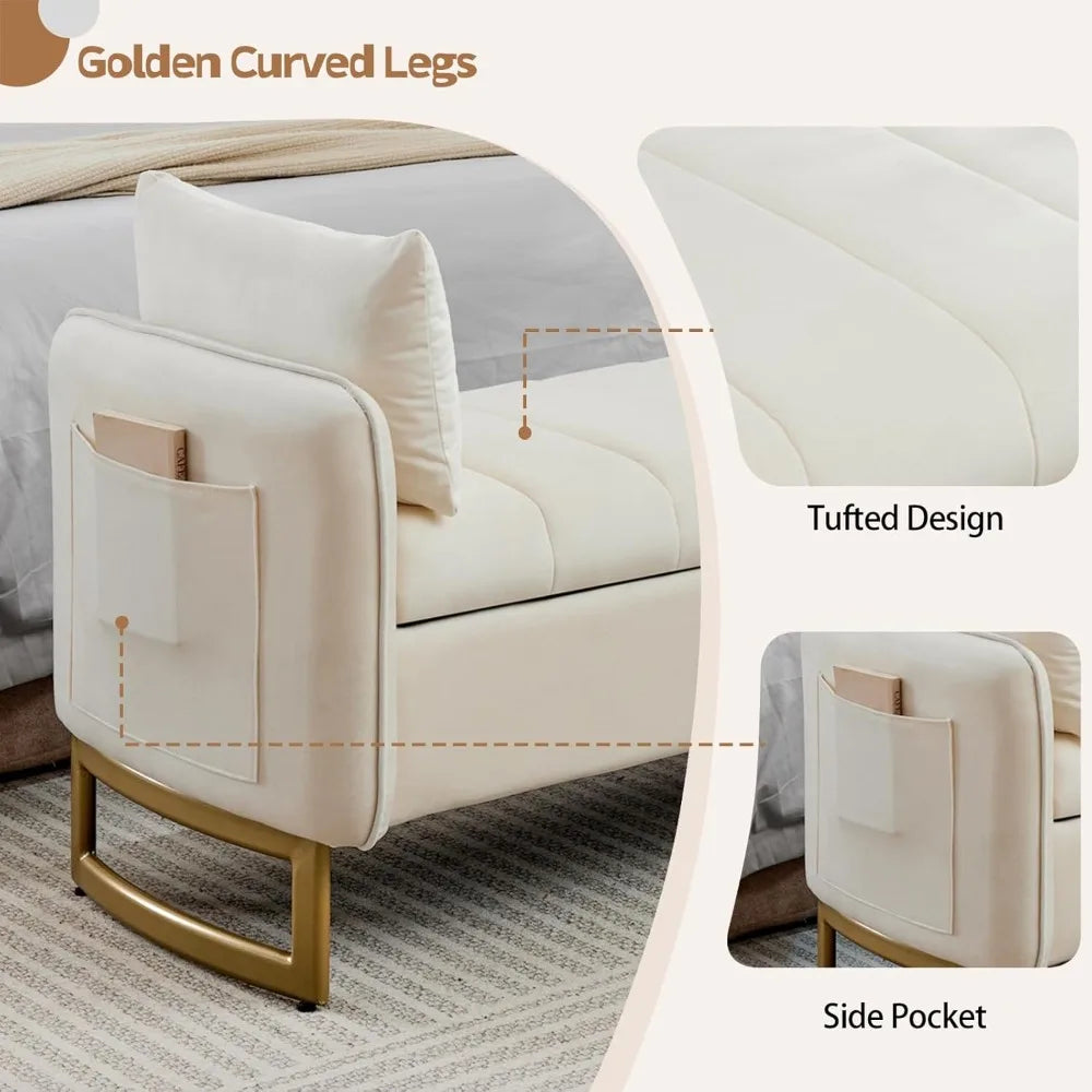 Velvet Storage Bench With Armrests And Gold Legs Pockets