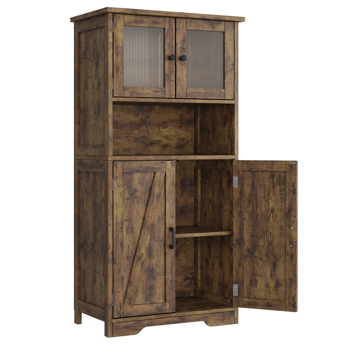 Modern Multipurpose Entryway Storage Cabinet – Freestanding Wooden Pantry with Glass Doors & Adjustable Shelves, Floor Organizer for Hallway, Kitchen, Living Room, Bathroom
