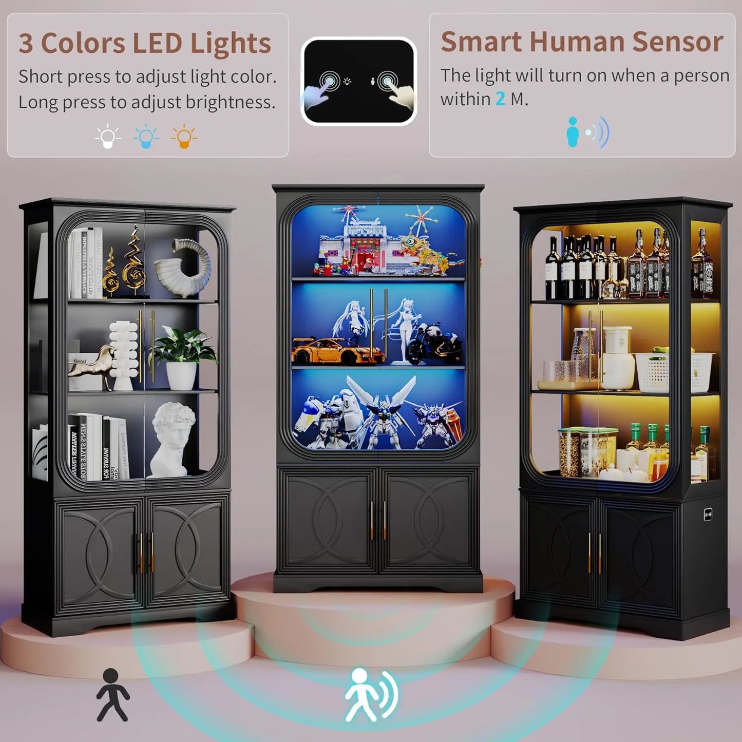 ZHILU Glass Display Curio Cabinet With LED Lights Body Sensor