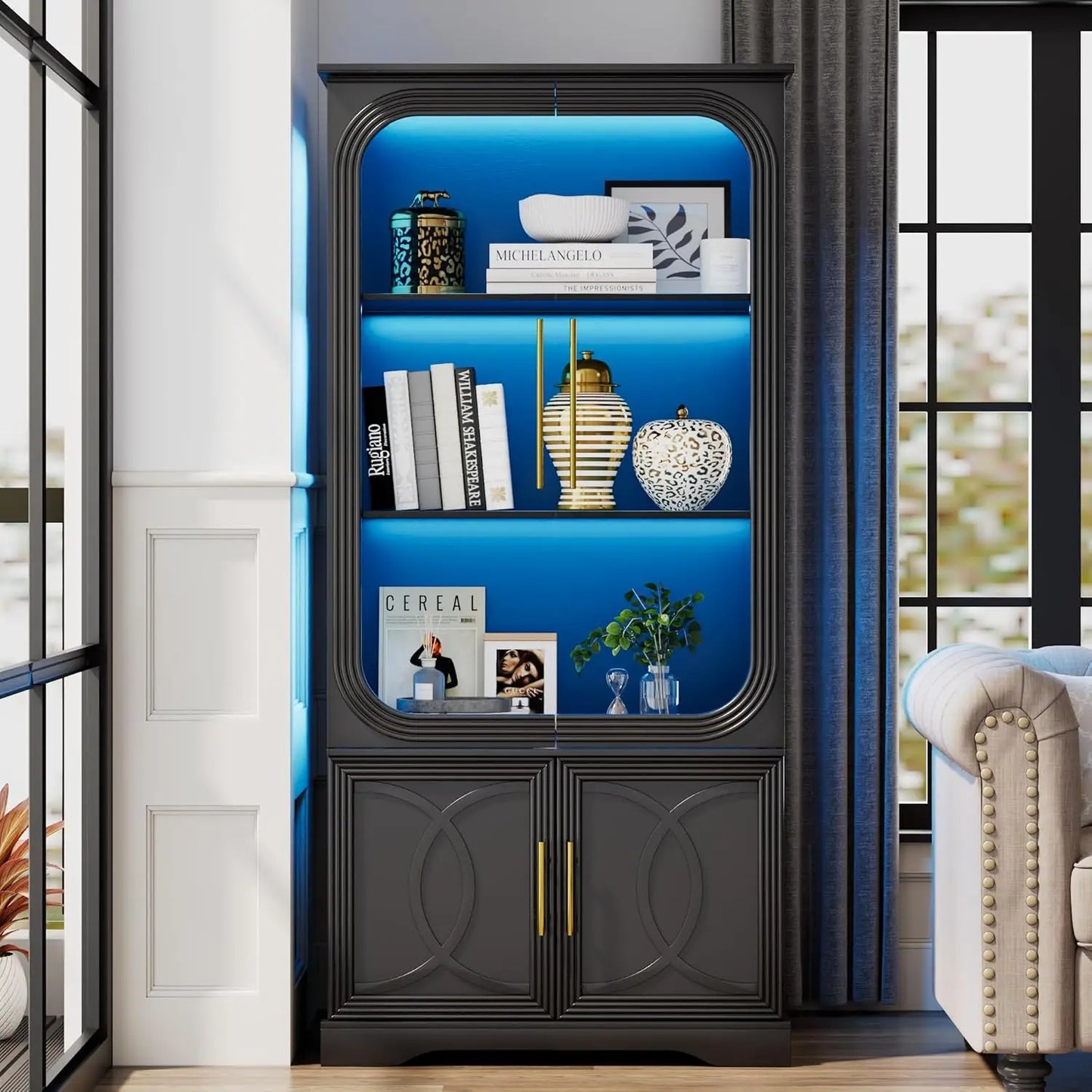 ZHILU Glass Display Curio Cabinet With LED Lights Body Sensor
