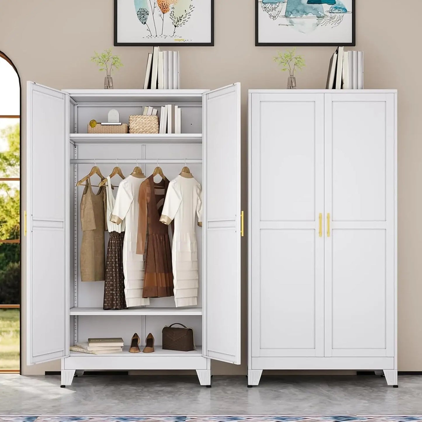 Metal Armoire Wardrobe Closet, 71 "Metal Clothing Storage Cabinet with Adjustable Shelves and Hanging Rod, Household, Custom