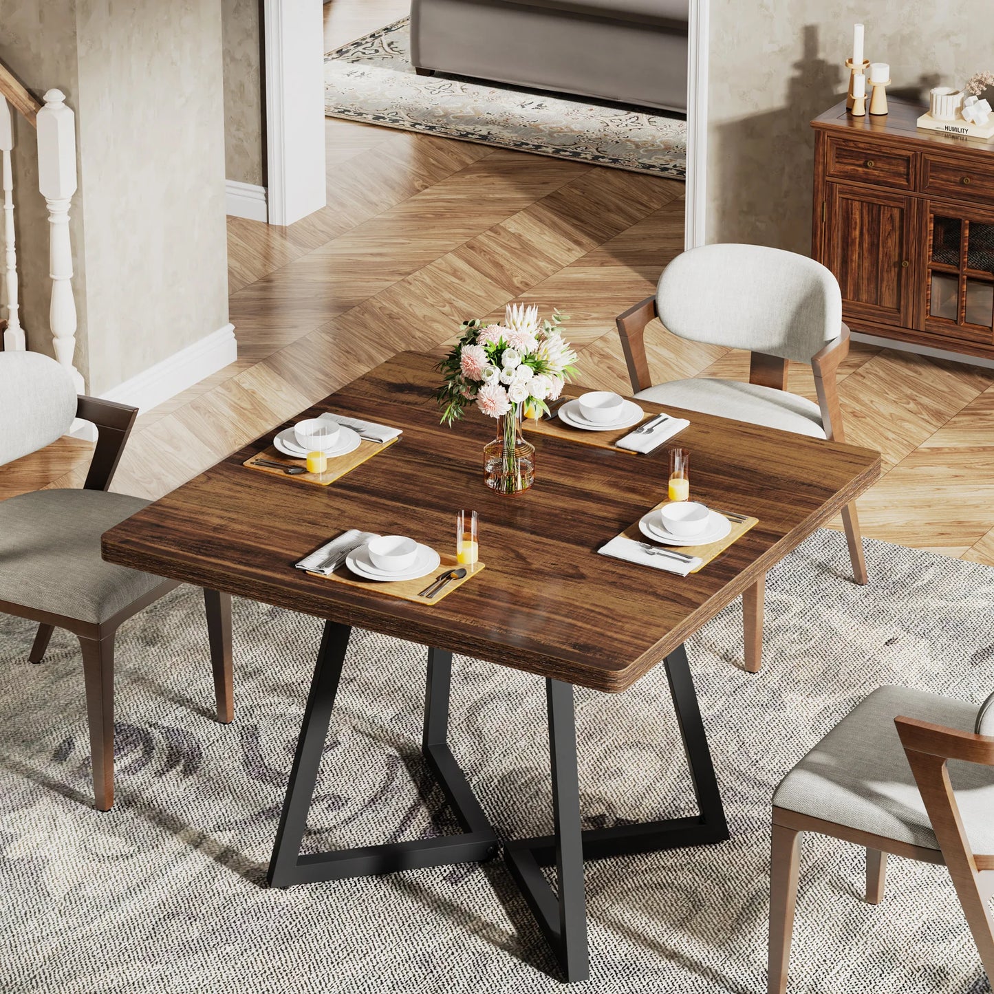 Tribesigns Industrial Square Dining Table Featuring Wood And Metal Frame
