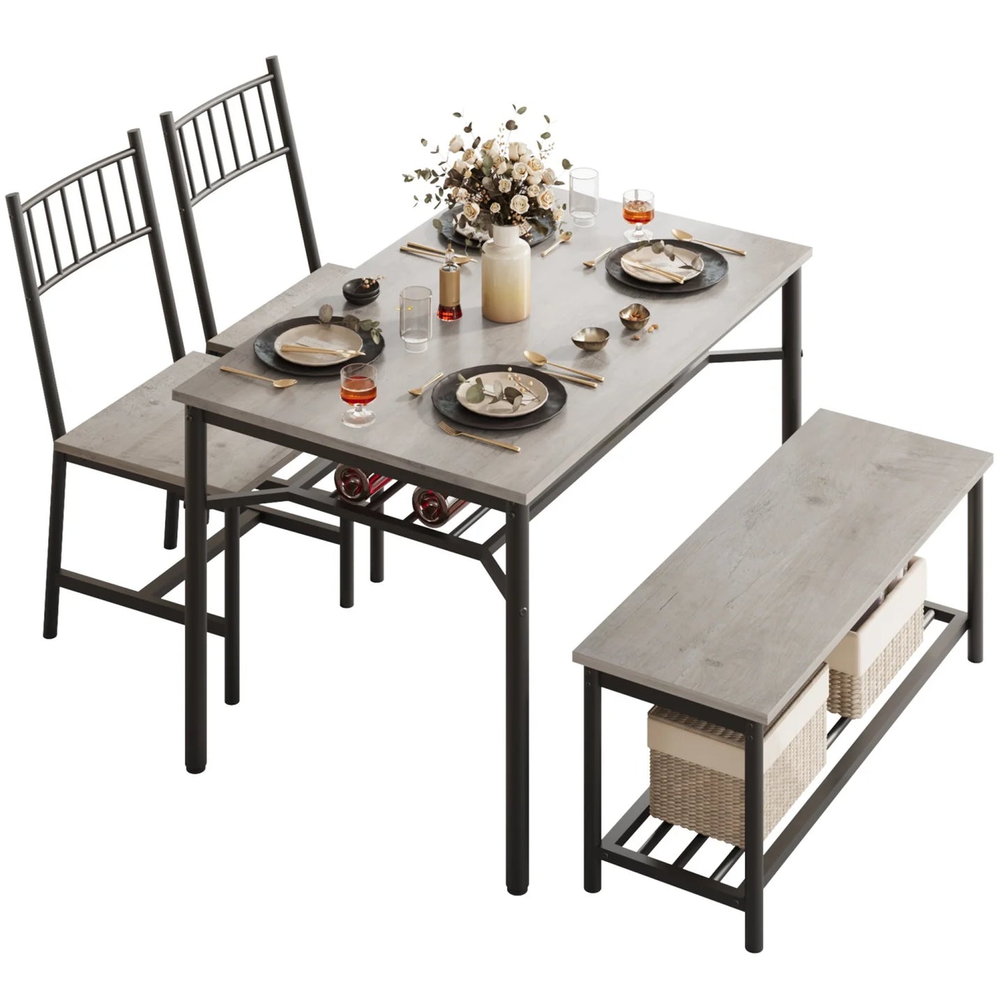 4 Piece Dining Table Set with Chairs and Storage Bench –Kitchen Table with Wine Rack –Metal Frame –Dining Table and Chairs for 4
