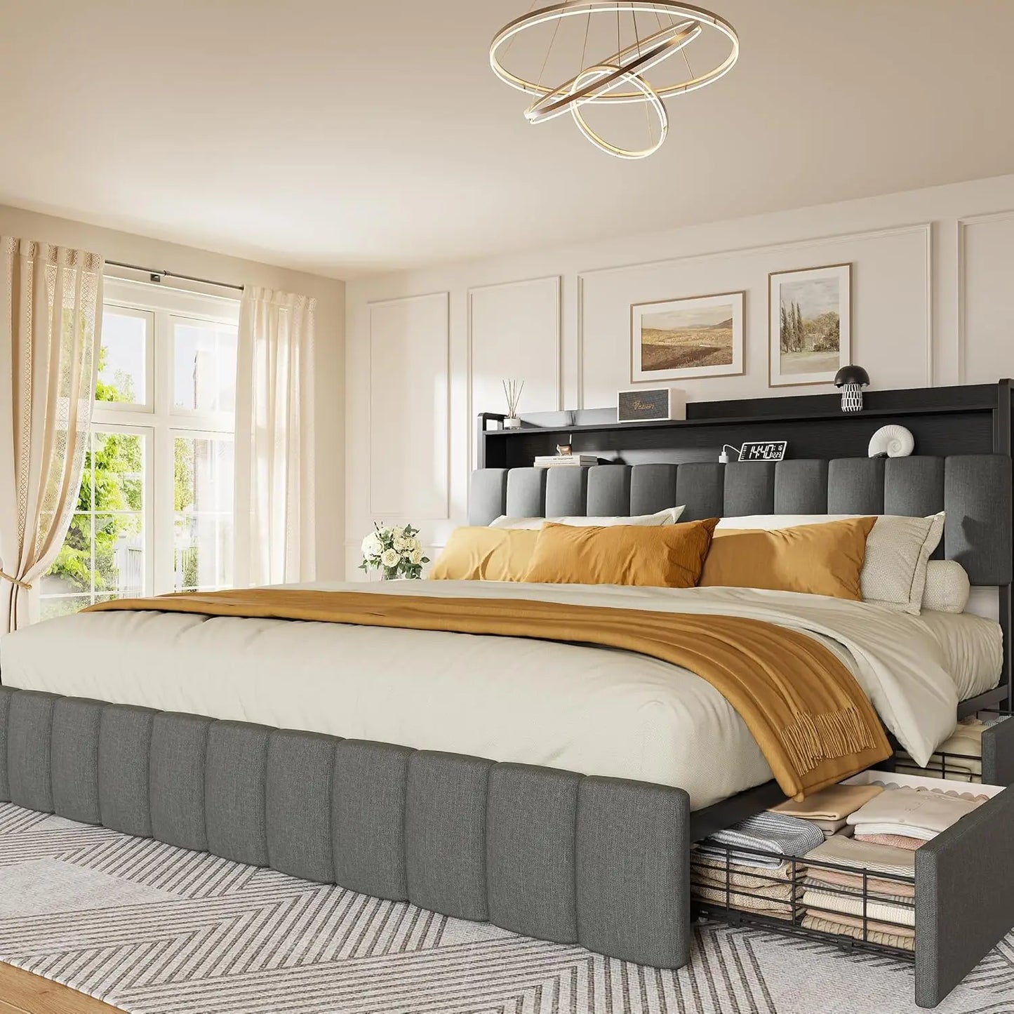 Bed Frame King Size with Upholstered Headboard & Charging Station, King Bed Frame with 4 Storage Drawers, 2-Tier Open Shelves, N