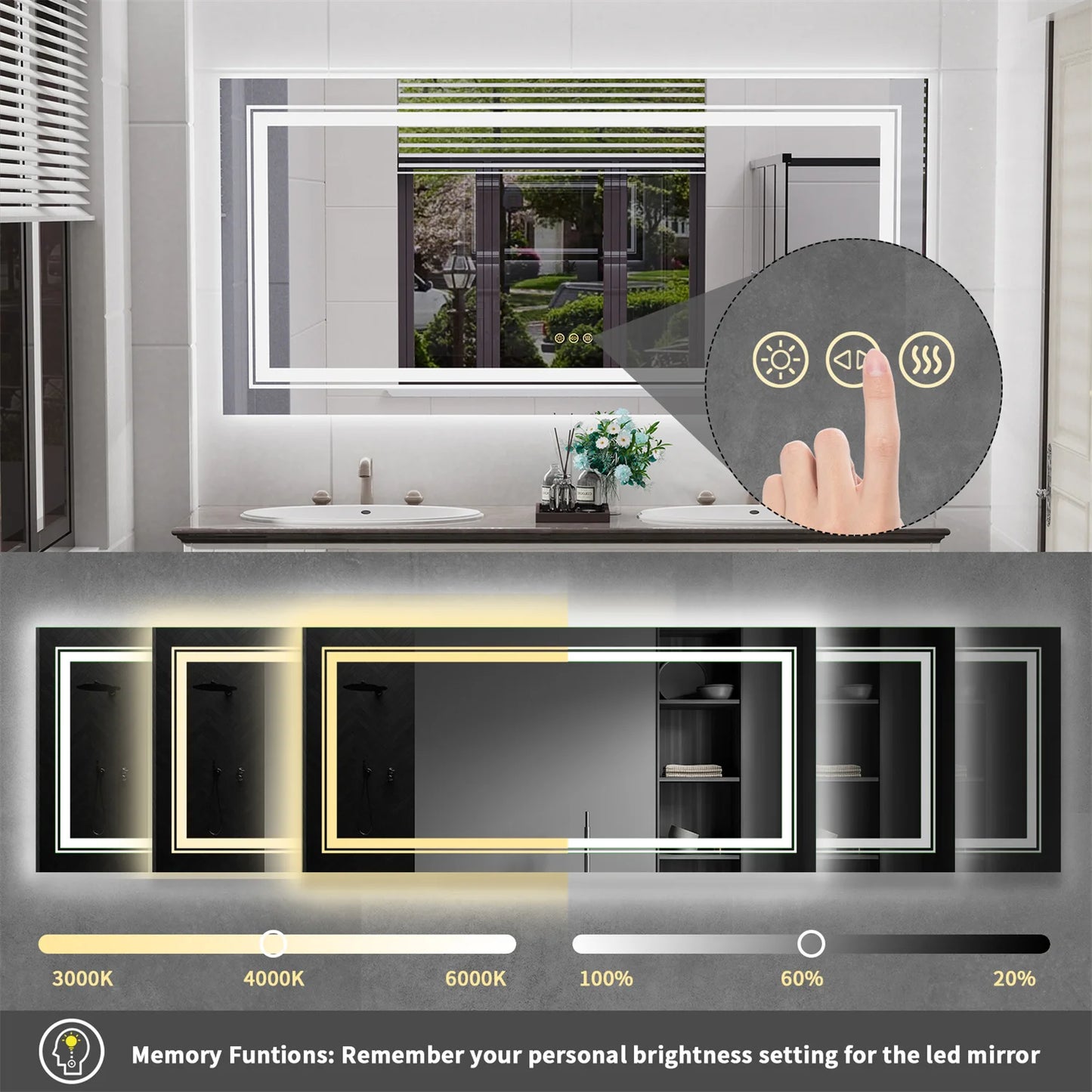 LED Backlit Bathroom Mirror Dual Lights Anti Fog Dimmable Touch