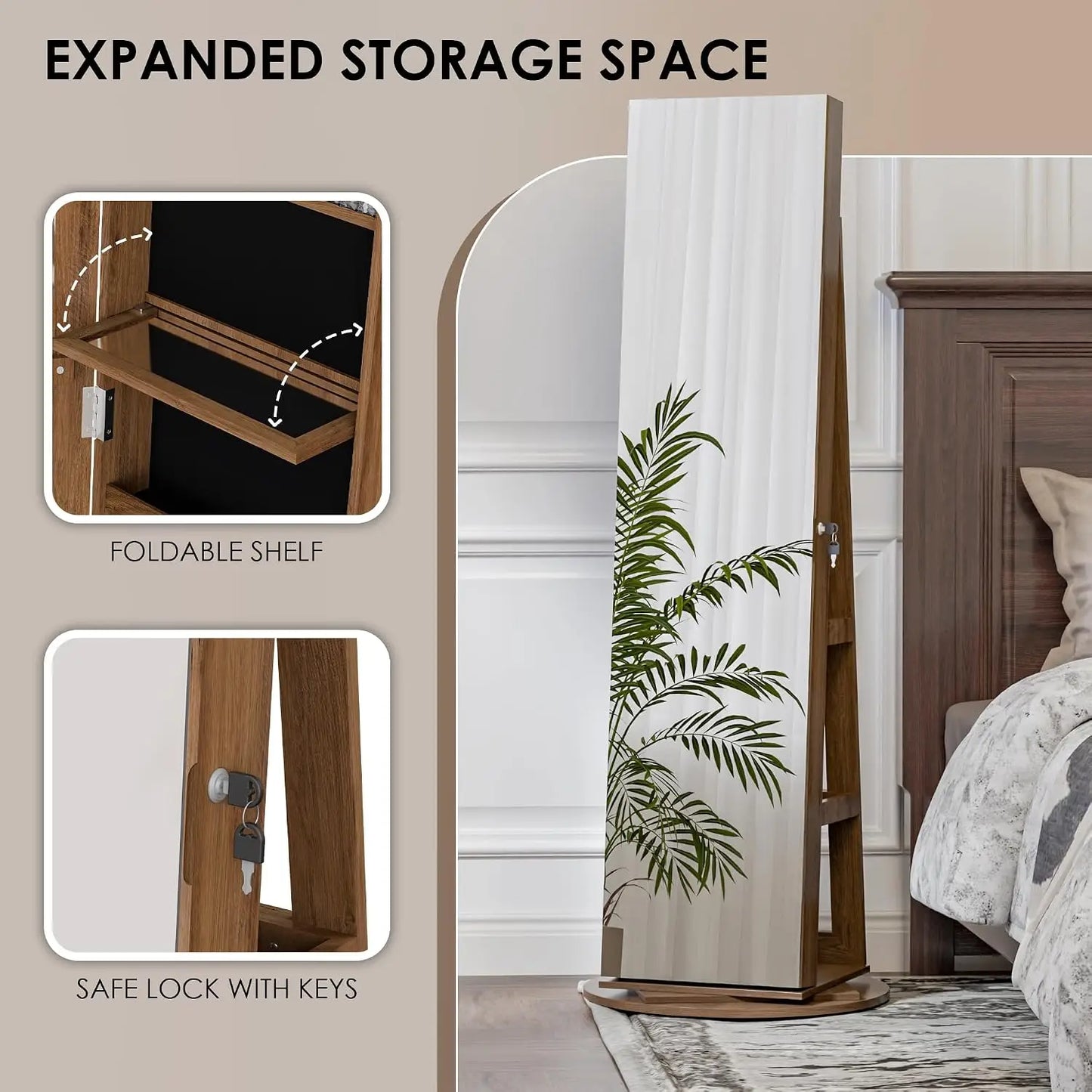 360° Swivel Jewelry Mirror Cabinet, Lockable Standing Jewelry Armoire with Full Length Mirror, Storage Shelves,, Custom