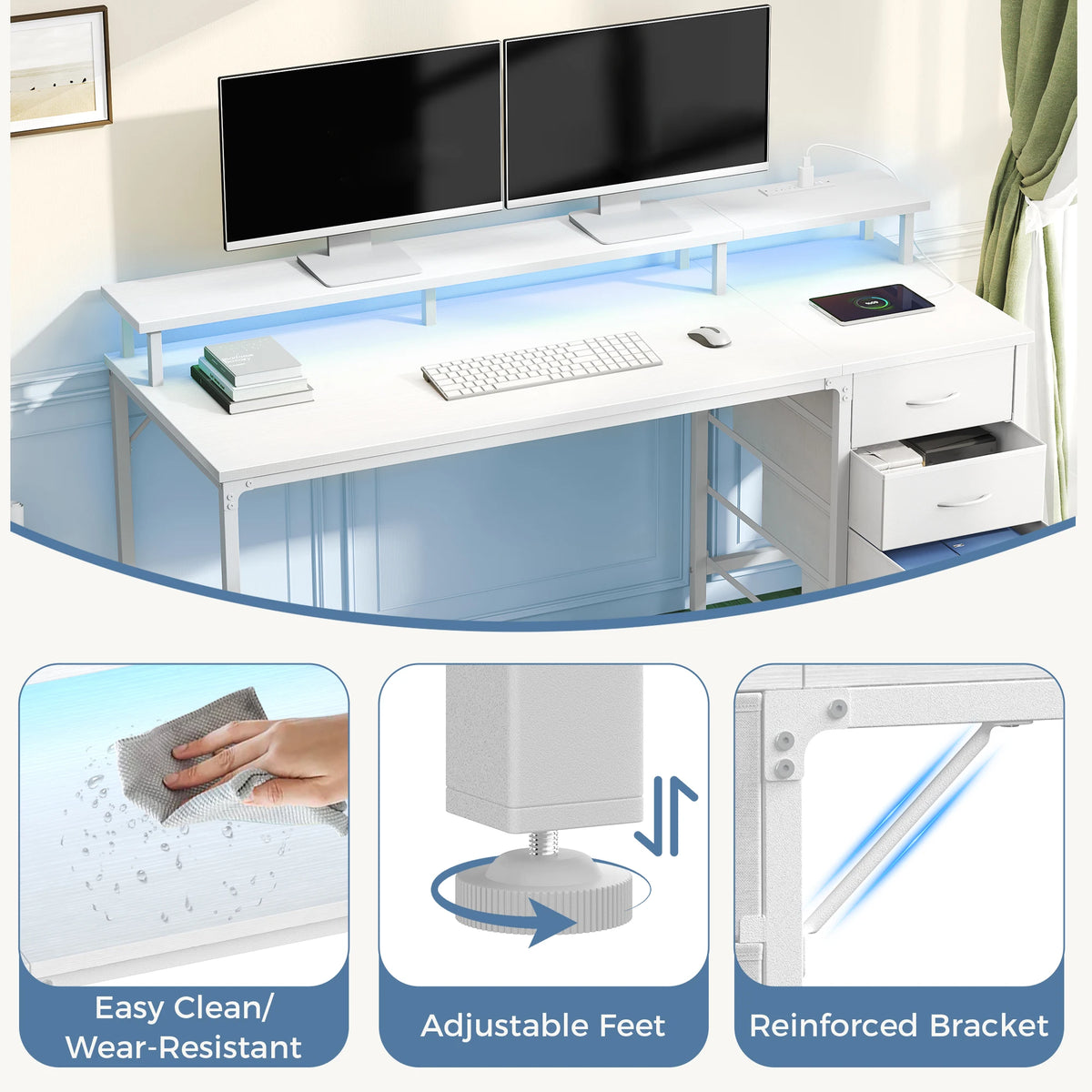 JHK Gaming Desk with Drawers, Power Outlets and LED Lighting