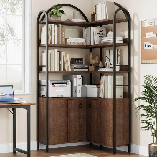 74" Tall 6-Tier Arched Corner Bookshelf - L-Shaped Corner Bookcase with Cabinet Doors - Rustic Metal & Wood Corner Storage Shelf Unit for Home Office/Living Room