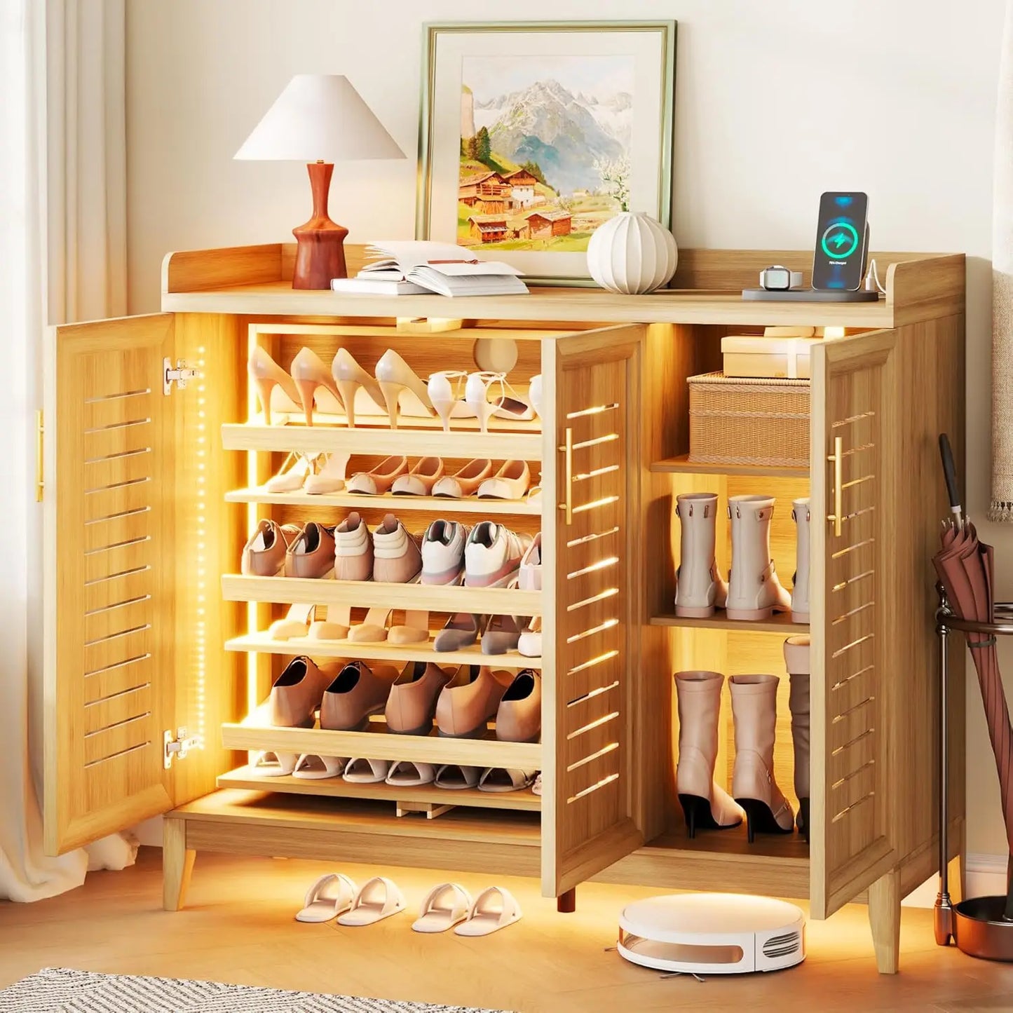 6 Tier Shoe Storage Cabinet with Shutter Doors and Adjustable Shelves, Rotating Shoe Organizer Cabinet with Human, Custom