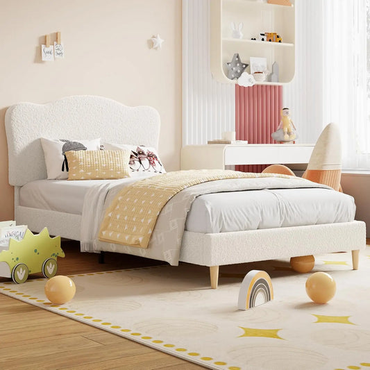 Upholstered Twin Size Bed Frame for Kids with Scallop Headboard, Cute Velvet Twin Bed, Sturdy Platform Bed, No Box Spring Needed