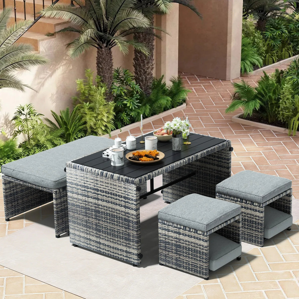 4/3 Pieces Convertible Multi-layout PE Rattan Loveseat Patio Furniture with 2 Storage Ottomans, All Weather Soft Cushioned Outdoor Furniture Sofa Set, Flexible Outdoor Patio Furniture Set for Patio Garden Balcony