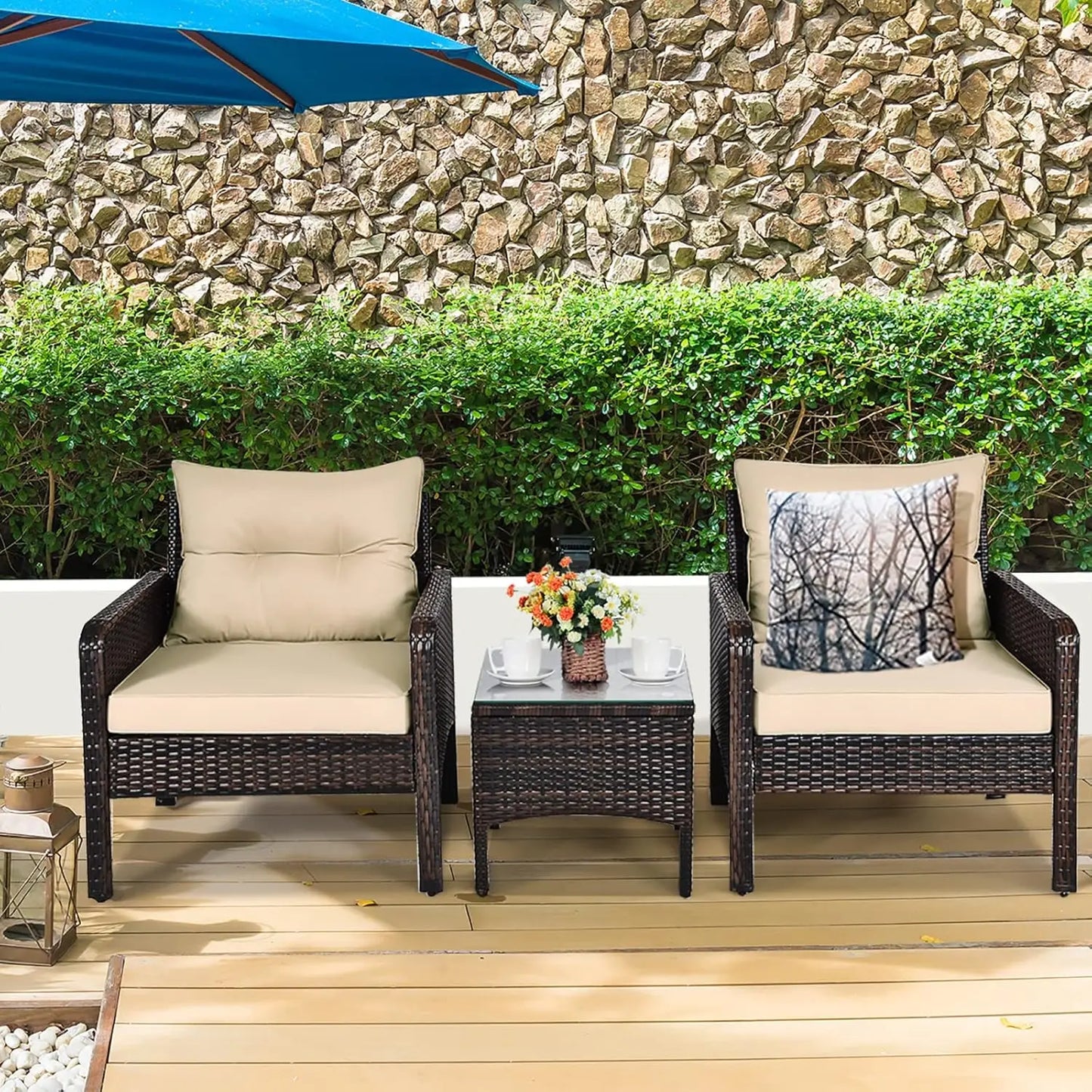 Outdoor Wicker Patio Bistro Set With Cushions All Weather PE Rattan