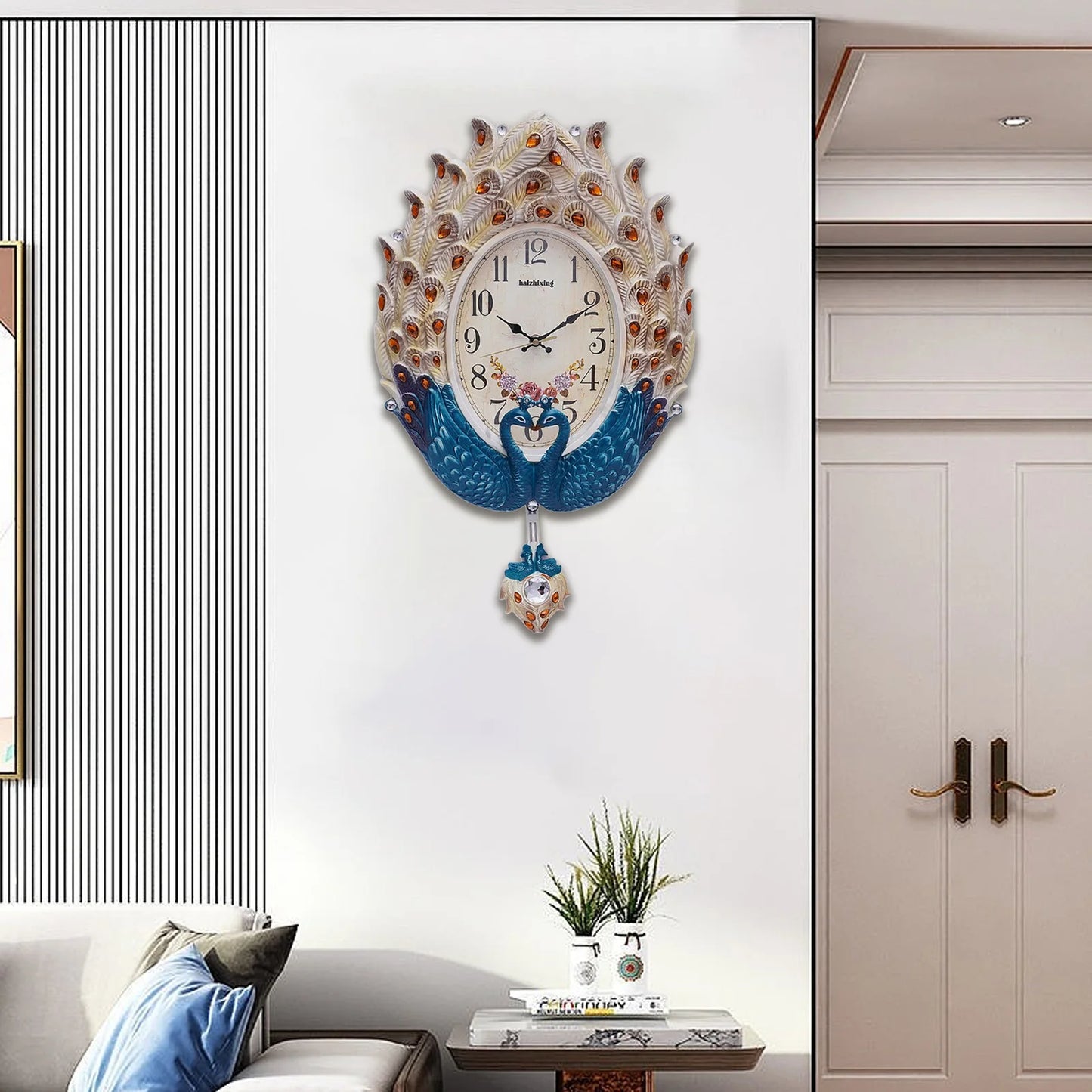 Blue Peacock Modern Wall Clock Silent Metal Pendulum Crystal Luxury