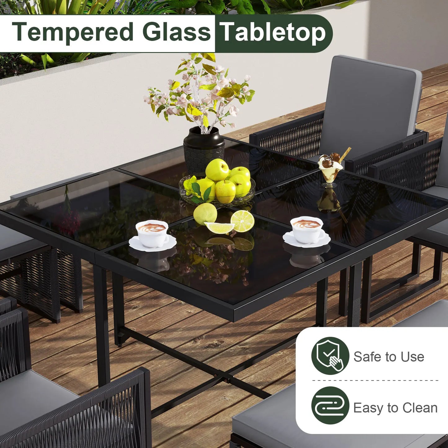9 PCS Patio Dining Set with PE Rattan Chairs Tempered Glass Table and Ottomans