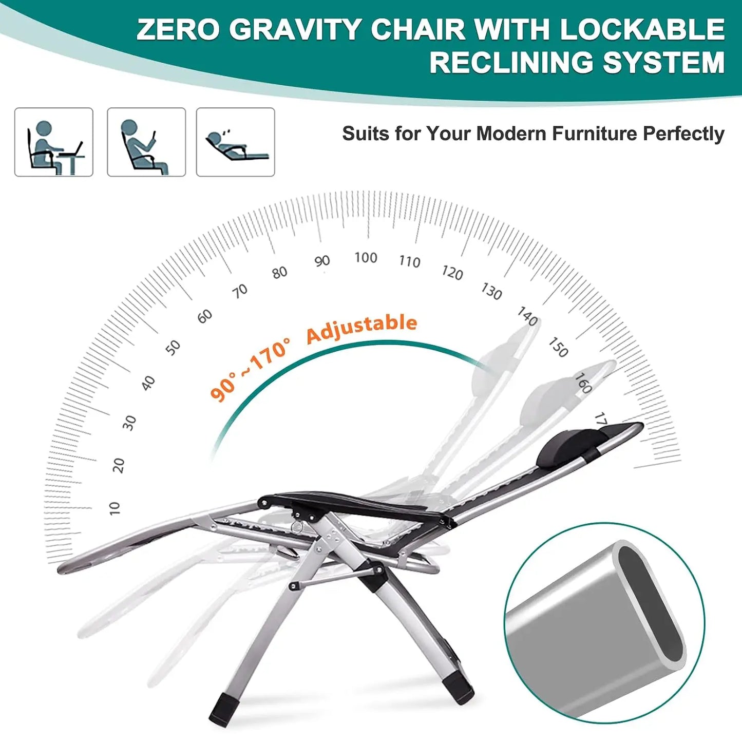 Oversized Zero Gravity Chair, 29In XL Lawn Folding Lounge Chairs, Lawn Recliner, Reclining Patio Lounger Chair, Folding, Custom