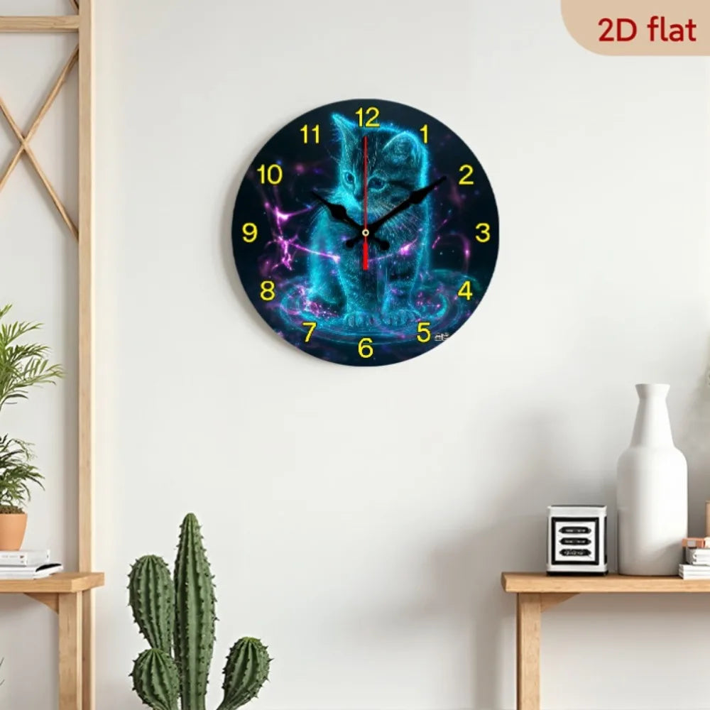 10 Inch Neon Glow-in-the-Dark Cat Wall Clock with Glowing Kitten Face & Neon Numbers - Quiet Sweep Movement, AA Wooden Round Clo