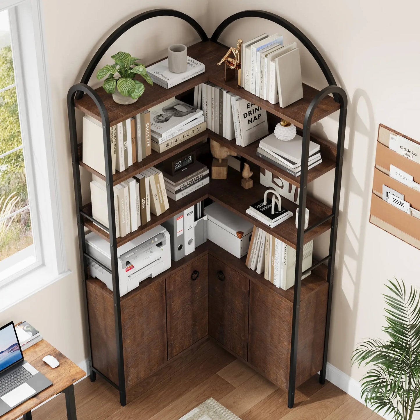 74" Tall 6-Tier Arched Corner Bookshelf - L-Shaped Corner Bookcase with Cabinet Doors - Rustic Metal & Wood Corner Storage Shelf Unit for Home Office/Living Room