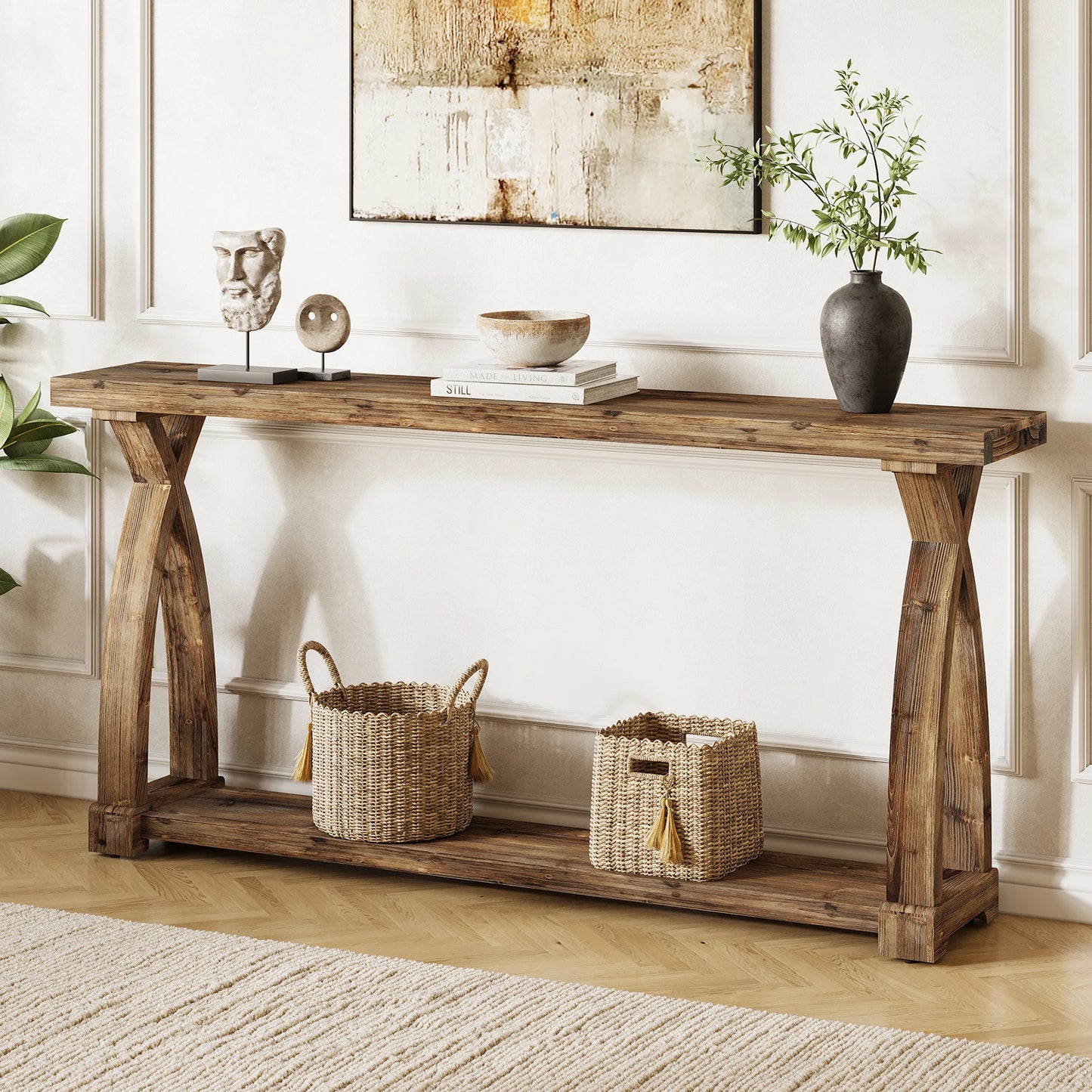 Tribesigns Solid Wood Farmhouse Console Table With Tiered Storage