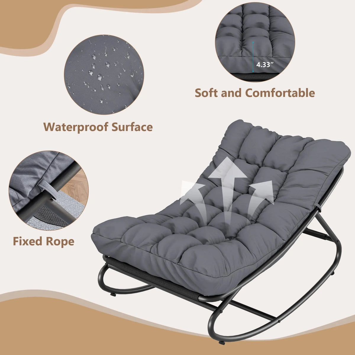 Oversized Patio Rocking Chair – Heavy Duty Metal Frame, Thick Waterproof Cushion, Ergonomic Comfy Lounge Rocker, 400 lbs Capacity, for Outdoor Porch, Garden, Balcony, Backyard