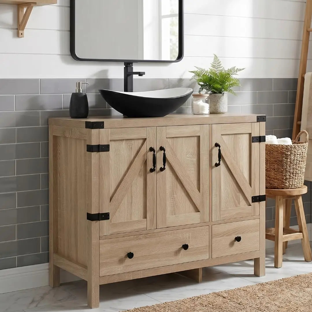 36" Natural Color Bathroom Vanity, Rustic Fixture Standing Pedestal Cabinet with White Ceramic Sink, Custom