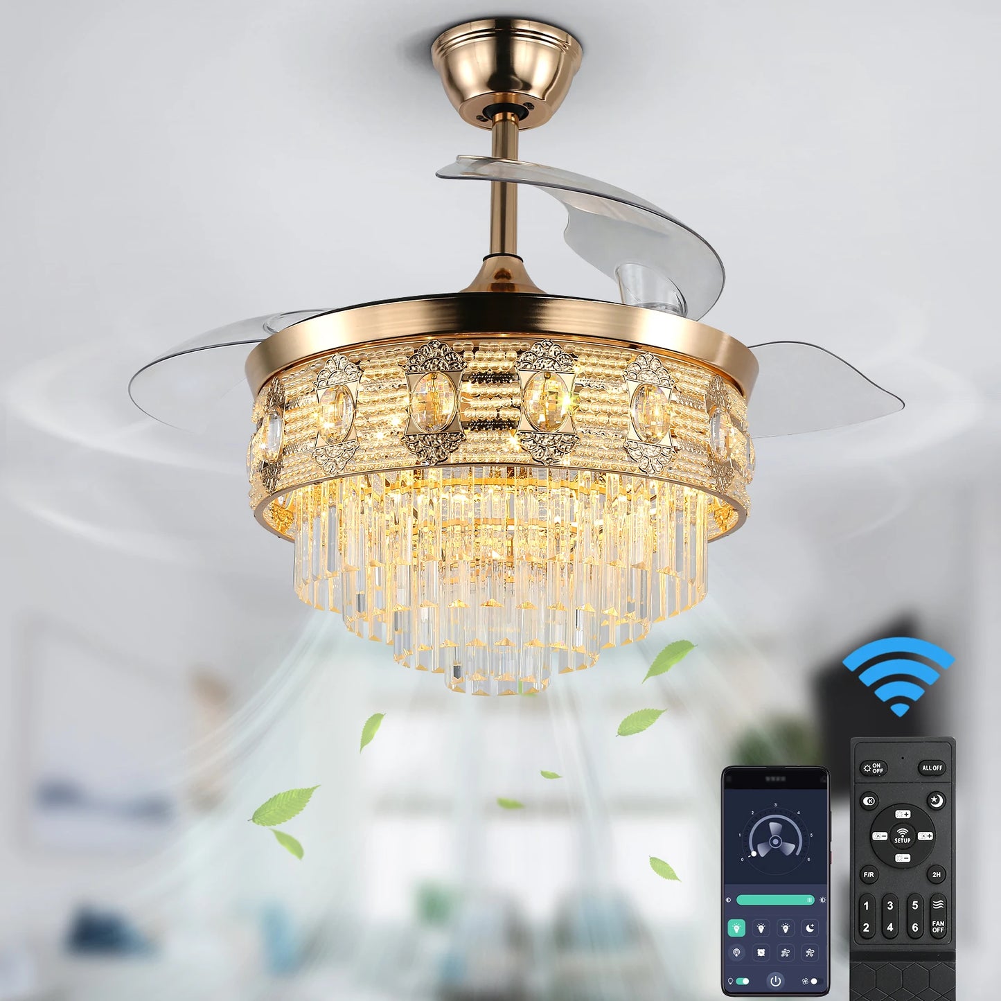 GreeLustr Modern Smart Ceiling Fan Chandelier Gold RC Adjustable 6 Speed Pendant Light Luminaire Bedroom 3 Heads Led Fandelier
