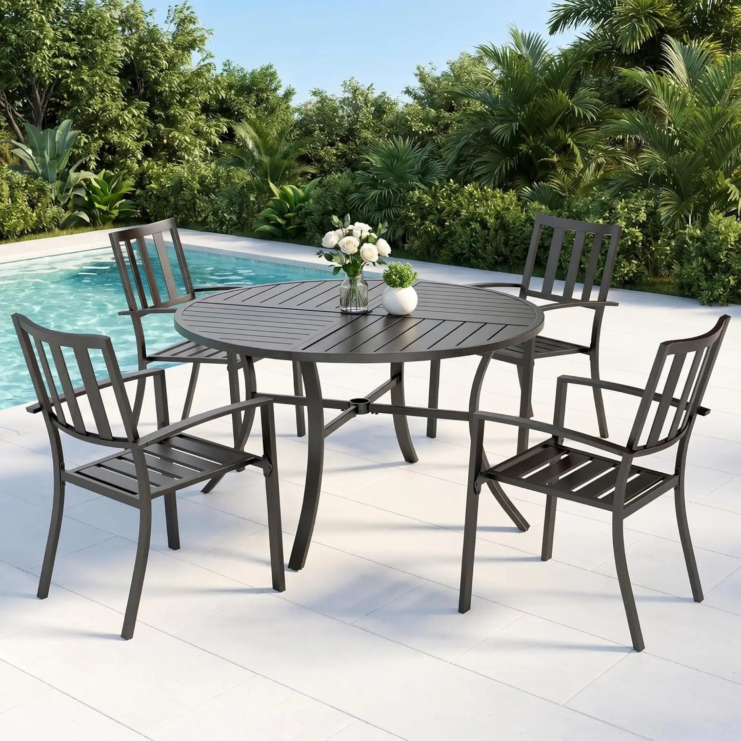 Round Outdoor Dining Set Wrought Iron 5 Piece Table & Chairs with Umbrella Hole for Deck Backyard Poolside Garden, Custom