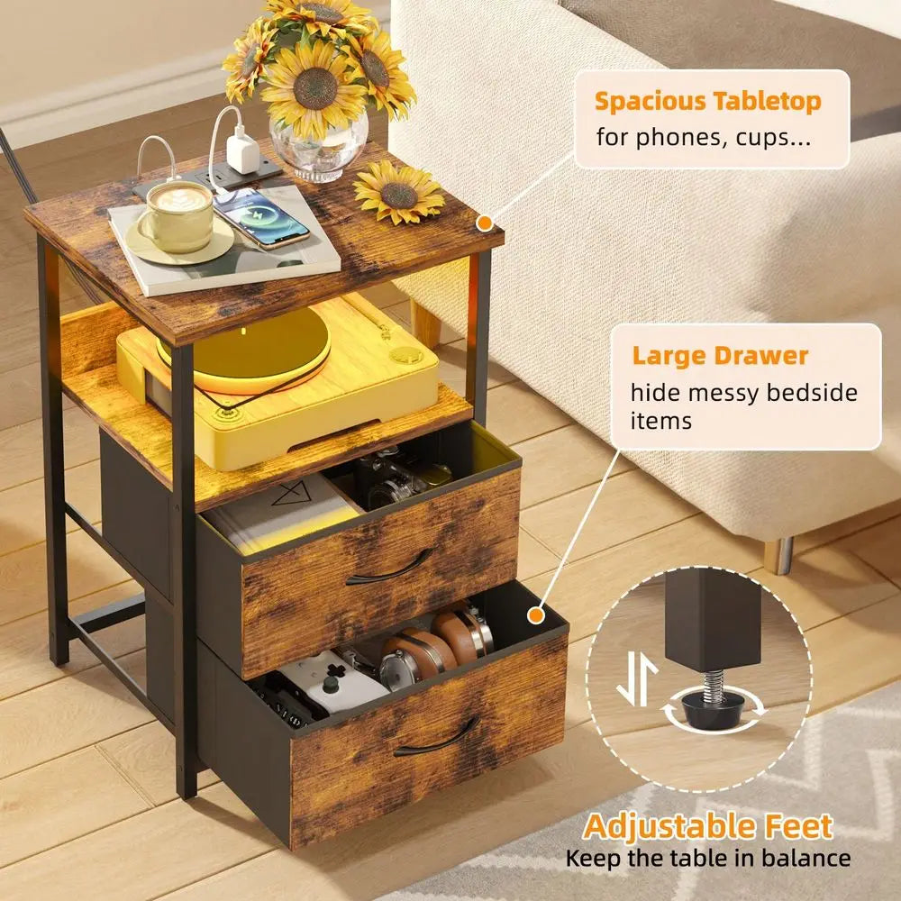 Tomnk 1/2pcs Night Stand With Charging Station, Nightstand With U-S-B Ports And Outlets, 2 Fabric Storage Drawers PU Fi