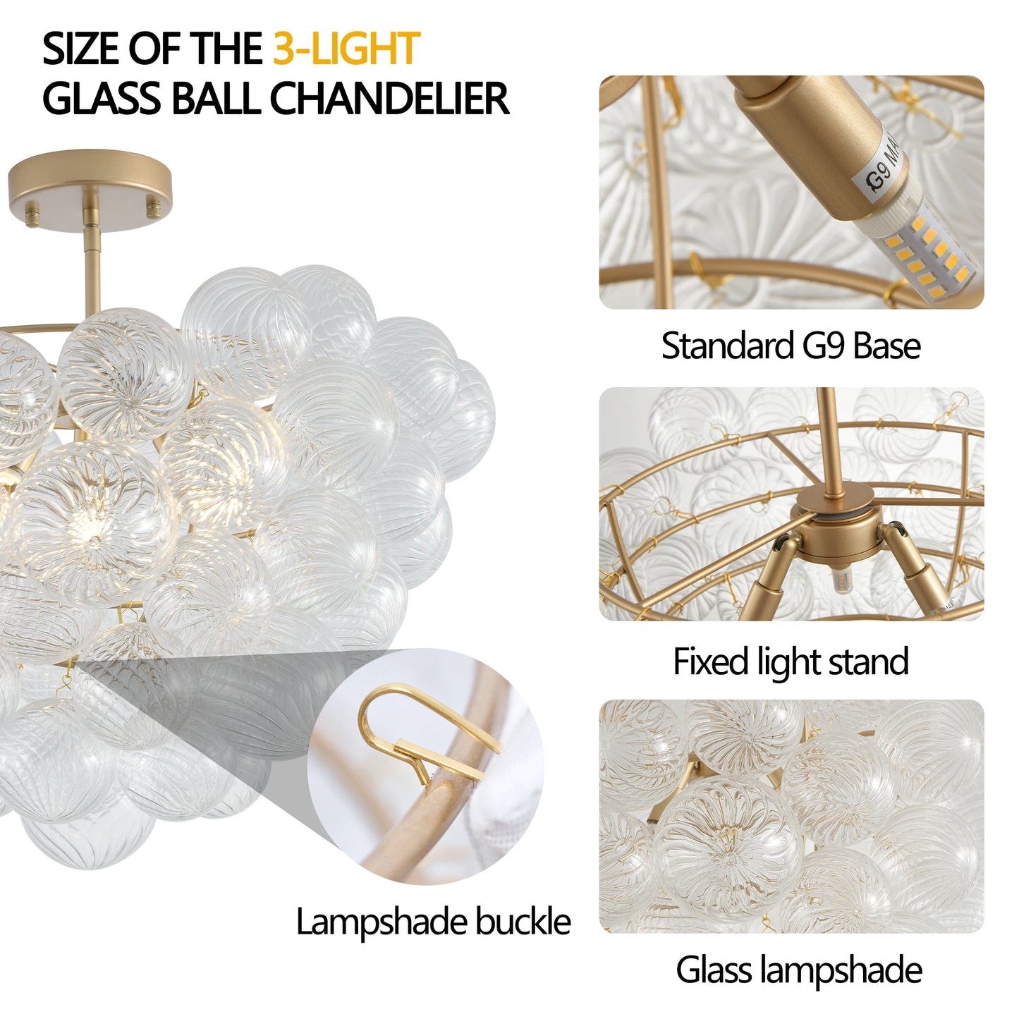 Golden Ceiling Pendant Light Chandelier with Threaded Clear Glass Globe Shade – Ideal for Living Room, Dining Room, Kitchen