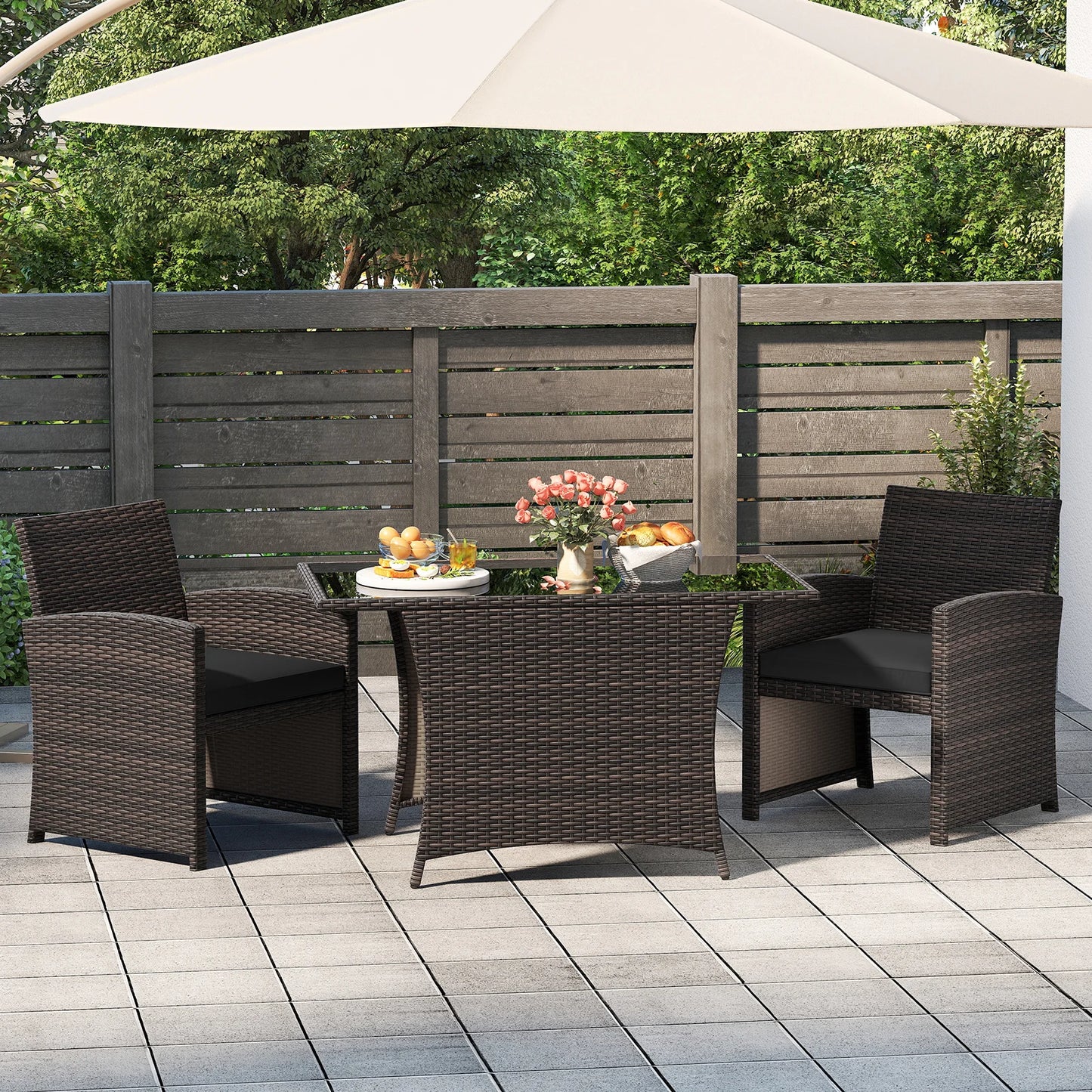 3 Pieces Wicker Bistro Set Balcony Furniture Set w/ Tempered Glass Dining Table
