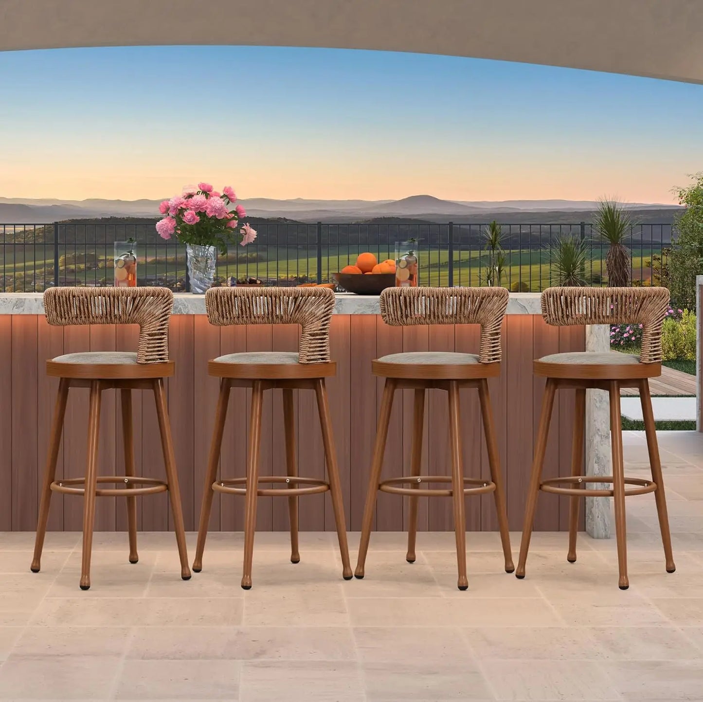 Swivel Bar Height Stools Set of 4 Metal Wicker Bar Chairs with Back Aluminum Cushions Kitchen Balcony Garden Indoor Custom