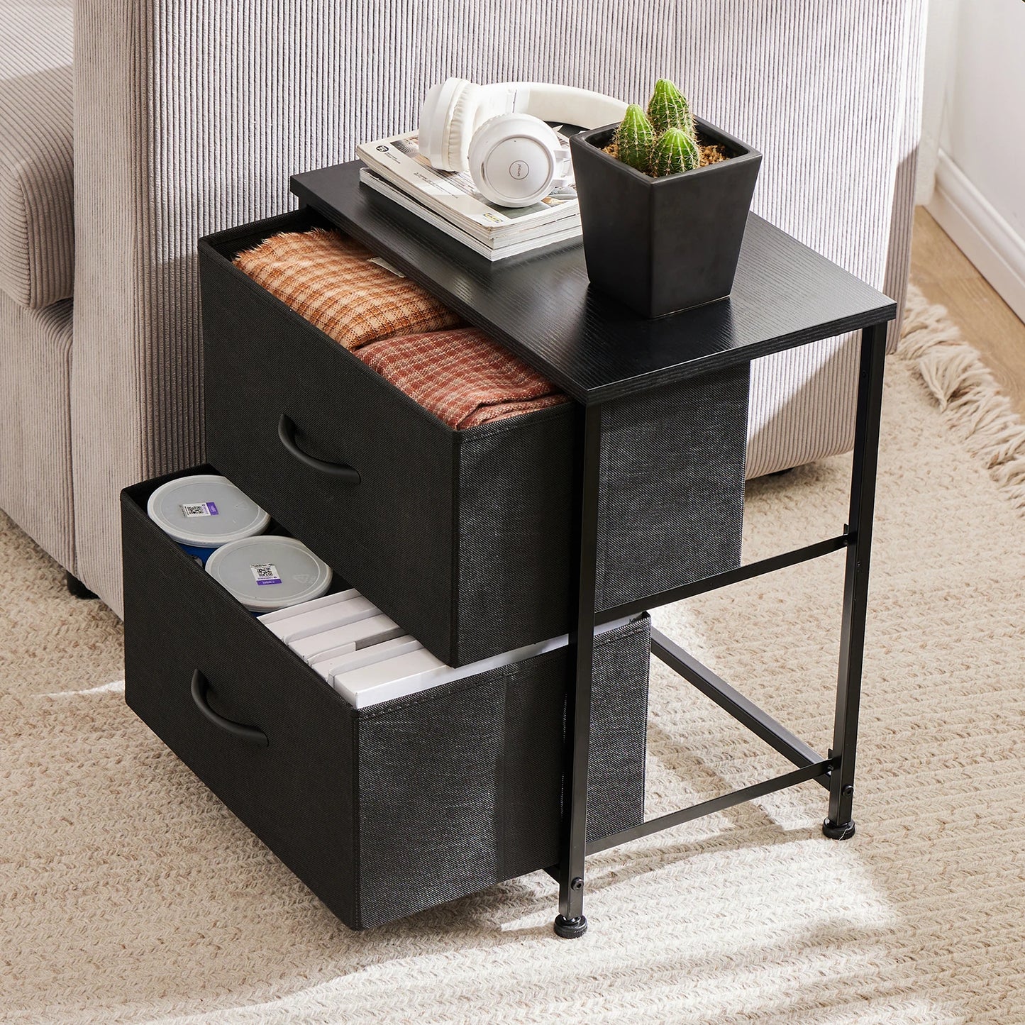 JHK Nightstand Bedside Table With Fabric Drawers And Cabinet